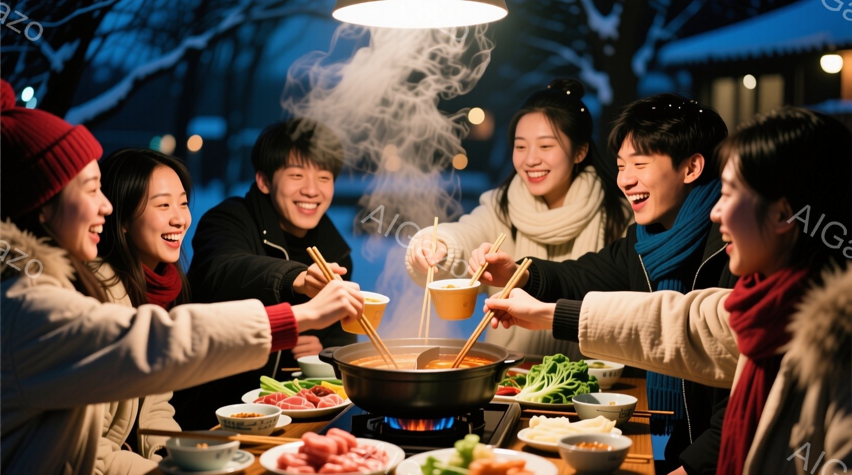 暖炉を囲んで鍋料理を楽しむ若い男女５人が写っている。全員冬の服装で、ニット帽やマフラーを着用し、笑顔で鍋から湯気を立てる鍋料理を箸で楽しんでいる。背景には木造の建物が見え、雪が降る冬の夜を思わせる、温かく幸せな雰囲気である。