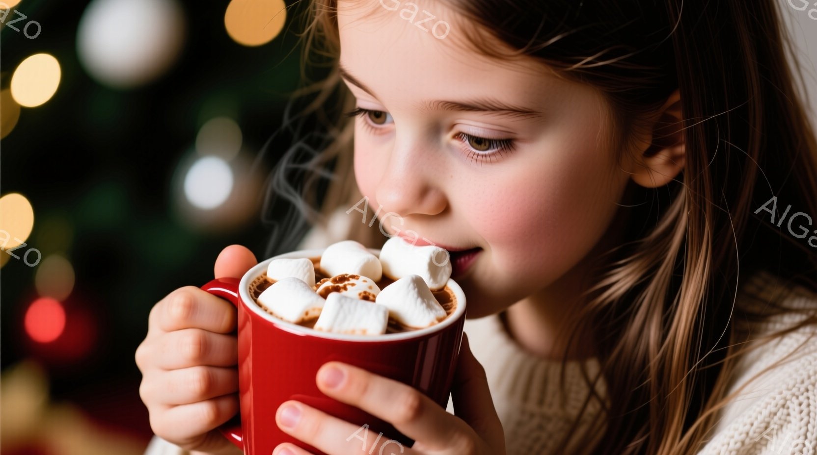 金髪の少女が赤いマグカップを両手で抱え、マシュマロ入りの温かい飲み物を飲んでいます。彼女はクリーム色のセーターを着ており、少し微笑んだ表情で、穏やかで幸せな雰囲気を醸し出しています。背景にはぼやけたク - AI生成フリー素材