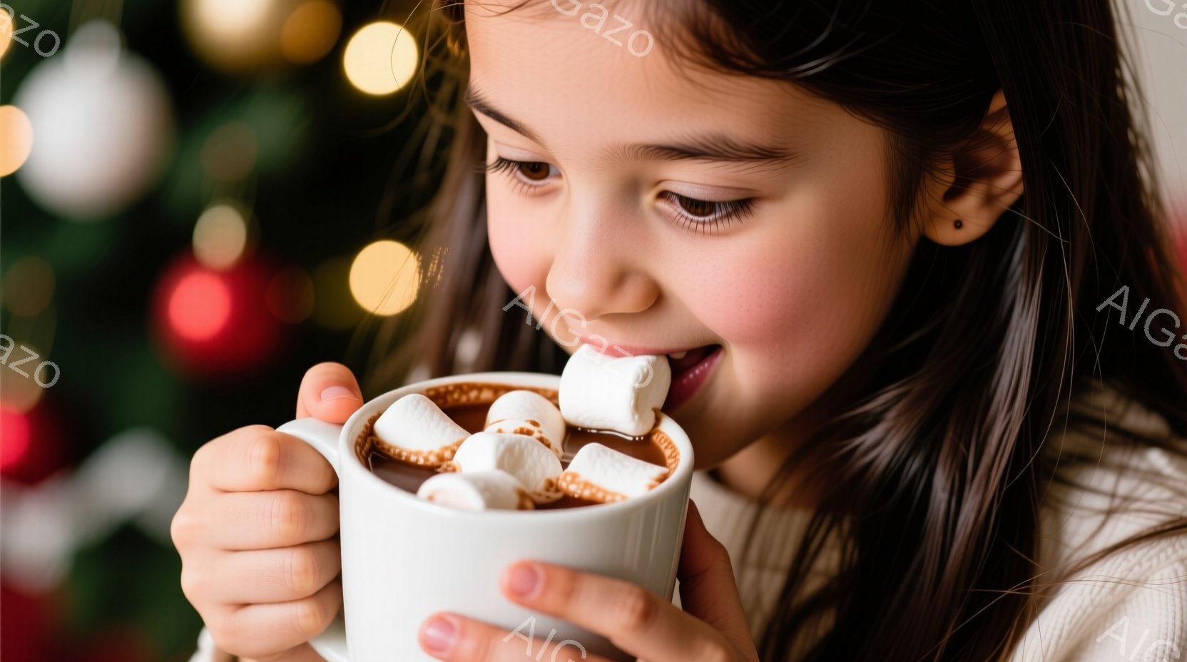 長い茶色の髪をした少女が、マシュマロ入りの温かい飲み物を楽しんでいます。彼女は白いセーターを着ており、顔には幸せそうな笑顔が浮かんでいます。背景にはぼやけたクリスマスツリーの飾りが見え、全体的に暖かく - AI生成フリー素材
