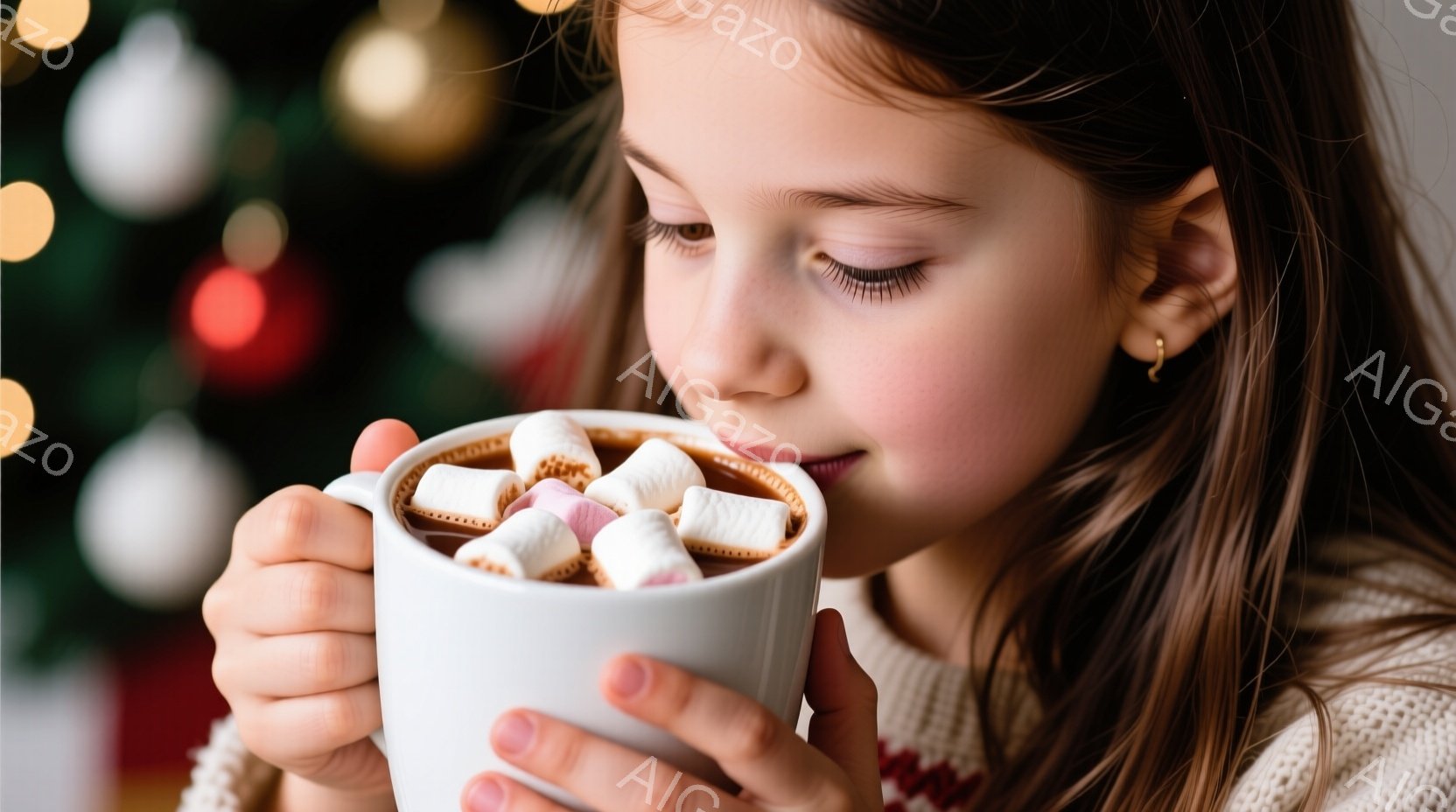 少女は白いマグカップを両手で抱え、中に入ったマシュマロを眺めて微笑んでいます。彼女は茶色の髪をしており、セーターのようなニットの服を着ています。背景にはぼやけたクリスマスツリーの飾りが見え、温かく穏や - AI生成フリー素材