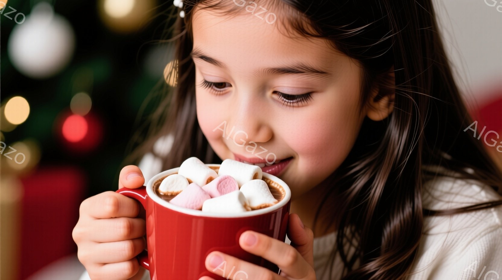 茶色の長い髪に白いヘアアクセサリーをつけた少女が、赤いマグカップを両手で抱えて、中に浮かぶマシュマロを見つめています。彼女は微笑んでおり、暖かく穏やかな表情をしています。背景にはぼやけた赤い布と、緑と - AI生成フリー素材