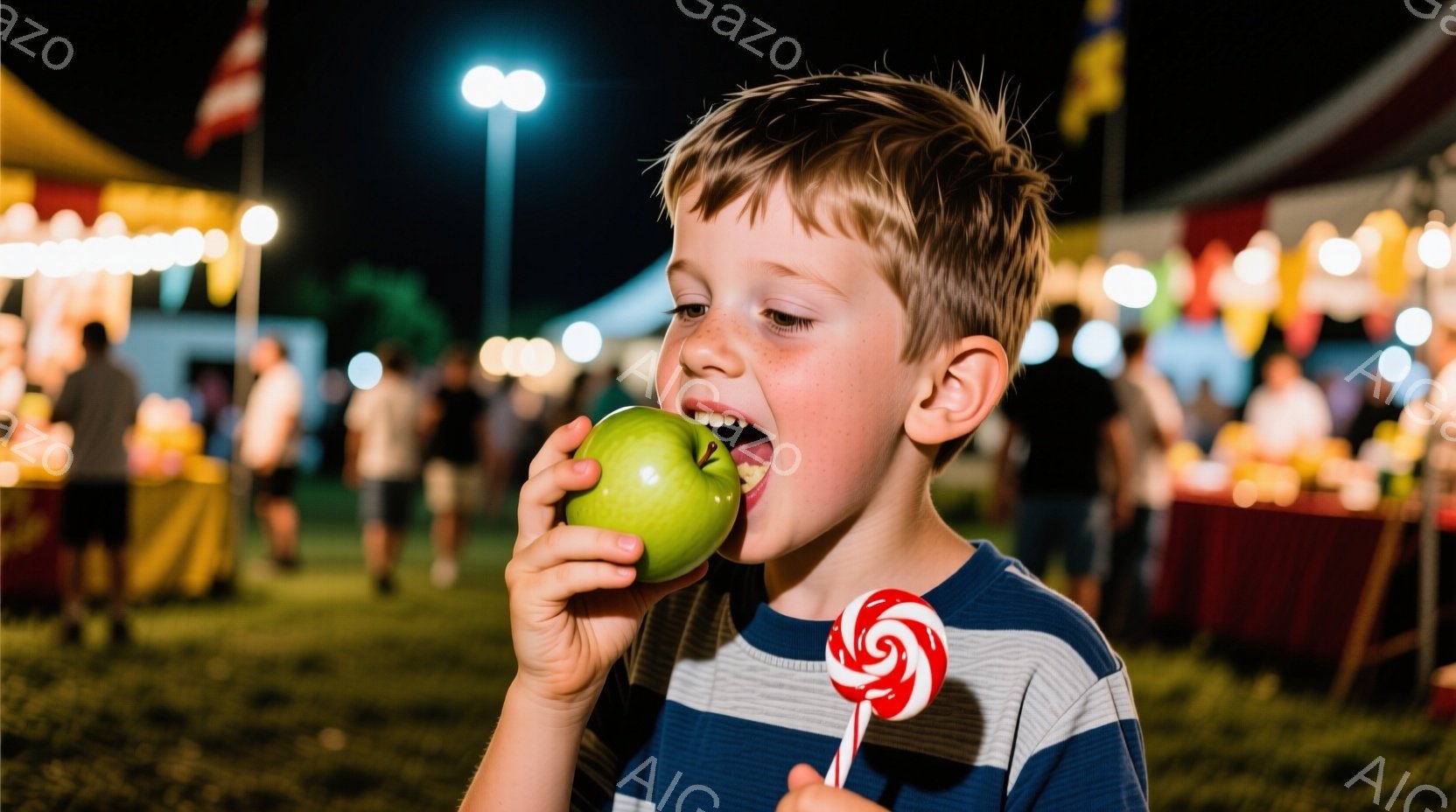 茶髪の少年が緑色のリンゴを美味しそうに齧っています。彼はストライプの青いシャツを着ており、片手にキャンディを持っています。背景には、夜のイベント会場と思われるテントや光がぼやけて見え、楽しげな雰囲気が漂っています。