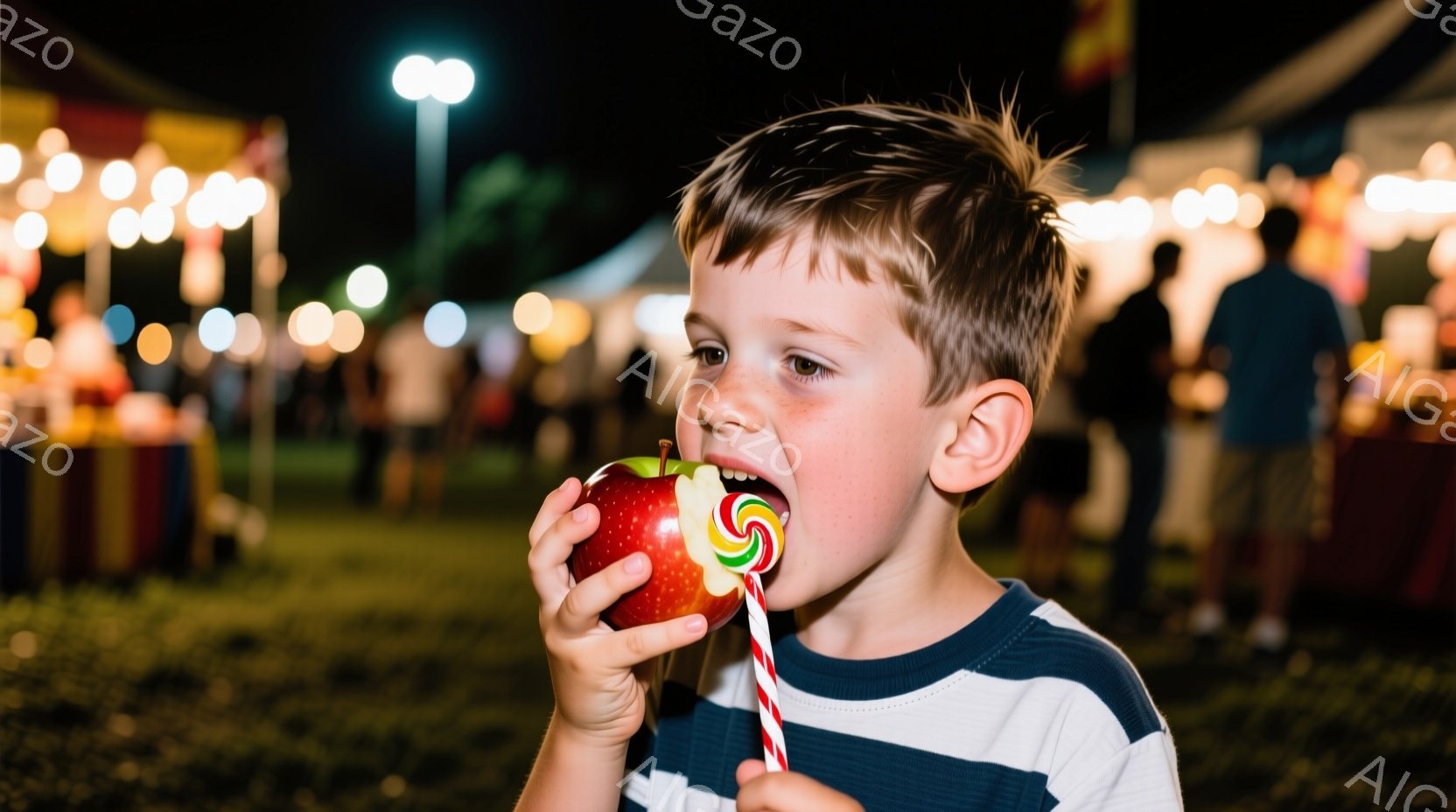 少年は赤いキャンディリンゴを美味しそうに食べています。彼はボーダーのシャツを着ており、短くブロンドの髪をしています。背景には、夜間のイベント会場らしき光景がぼやけて見え、活気のある雰囲気が伝わってきます。