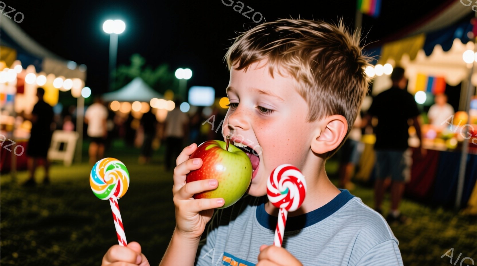 少年は赤いリンゴを大きく口を開けて食べており、両手に色鮮やかな棒付きキャンディーを持っている。彼は青い縞模様のTシャツを着ており、明るいブロンドの髪は少し無造作に立っている。背景には、賑やかなイベント - AI生成フリー素材