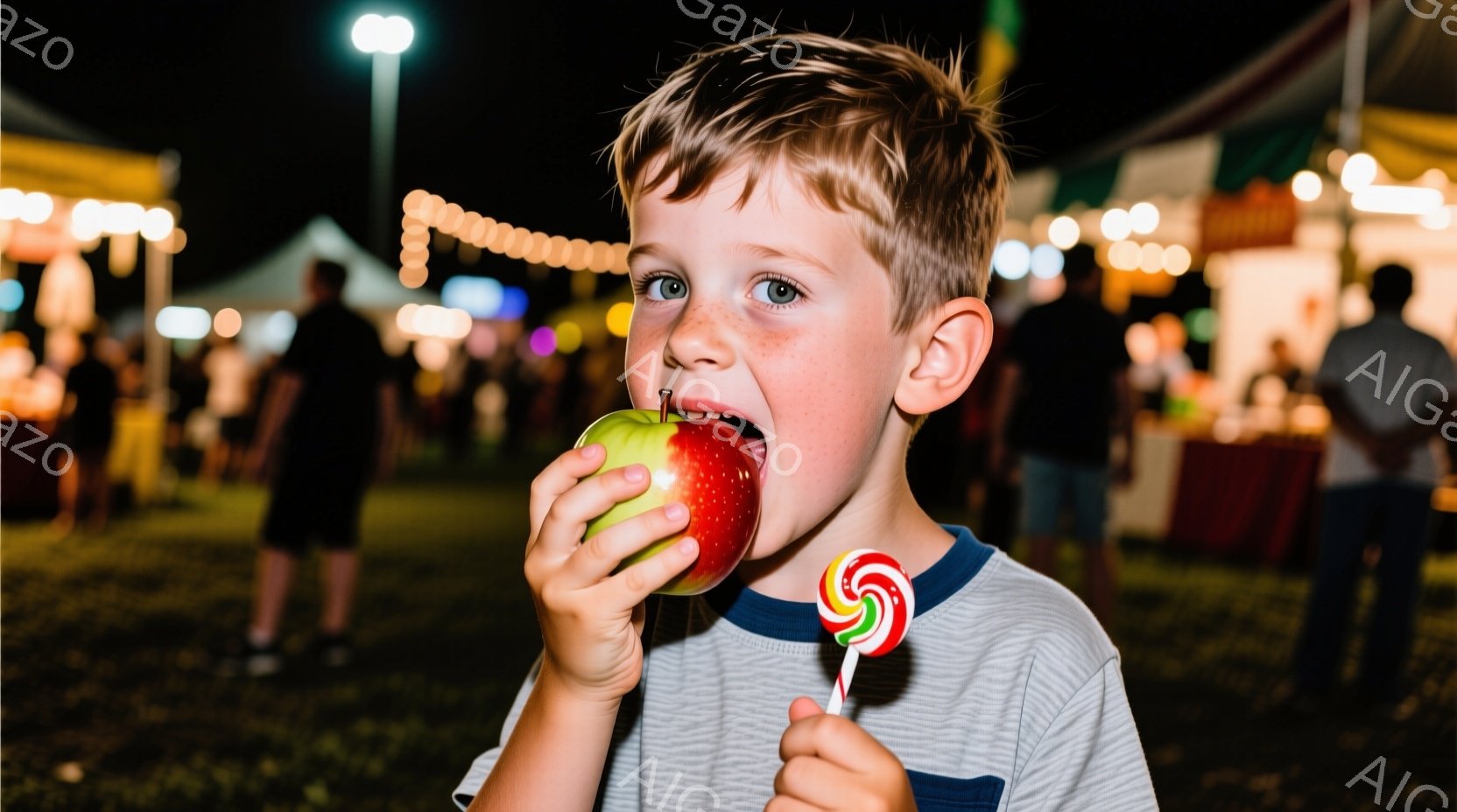 少年は赤いリンゴを大きくかじっており、もう一方の手にはカラフルな棒付きキャンディーを持っています。彼は明るい茶色の髪で、そばかすがあり、楽しそうに微笑んでいます。背景には、夜間のイベント会場と思われるテントや人々のシルエットが見え、暖かい光が灯されています。