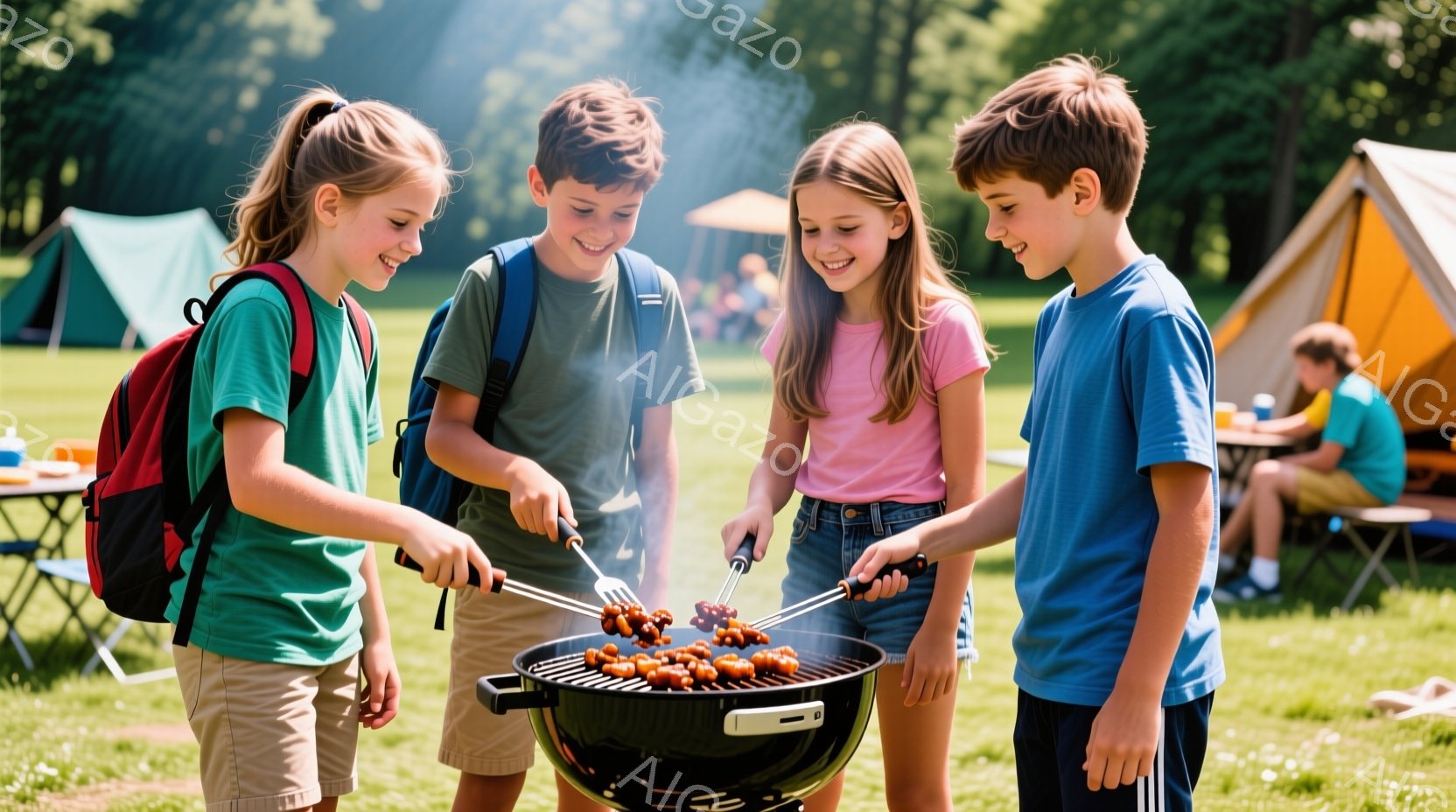 四人の子供たちがバーベキューグリルを囲んで、ソーセージを焼いている様子が写っている。女の子は緑のTシャツとカーキ色のショートパンツ、もう一人はピンクのTシャツとジーンズ、男の子たちは青いTシャツを着ており、皆笑顔で楽しんでいる。背景には緑豊かな芝生、テント、そして晴天の空が広がり、ピクニックやキャンプのようなアウトドアの雰囲気が漂っている。