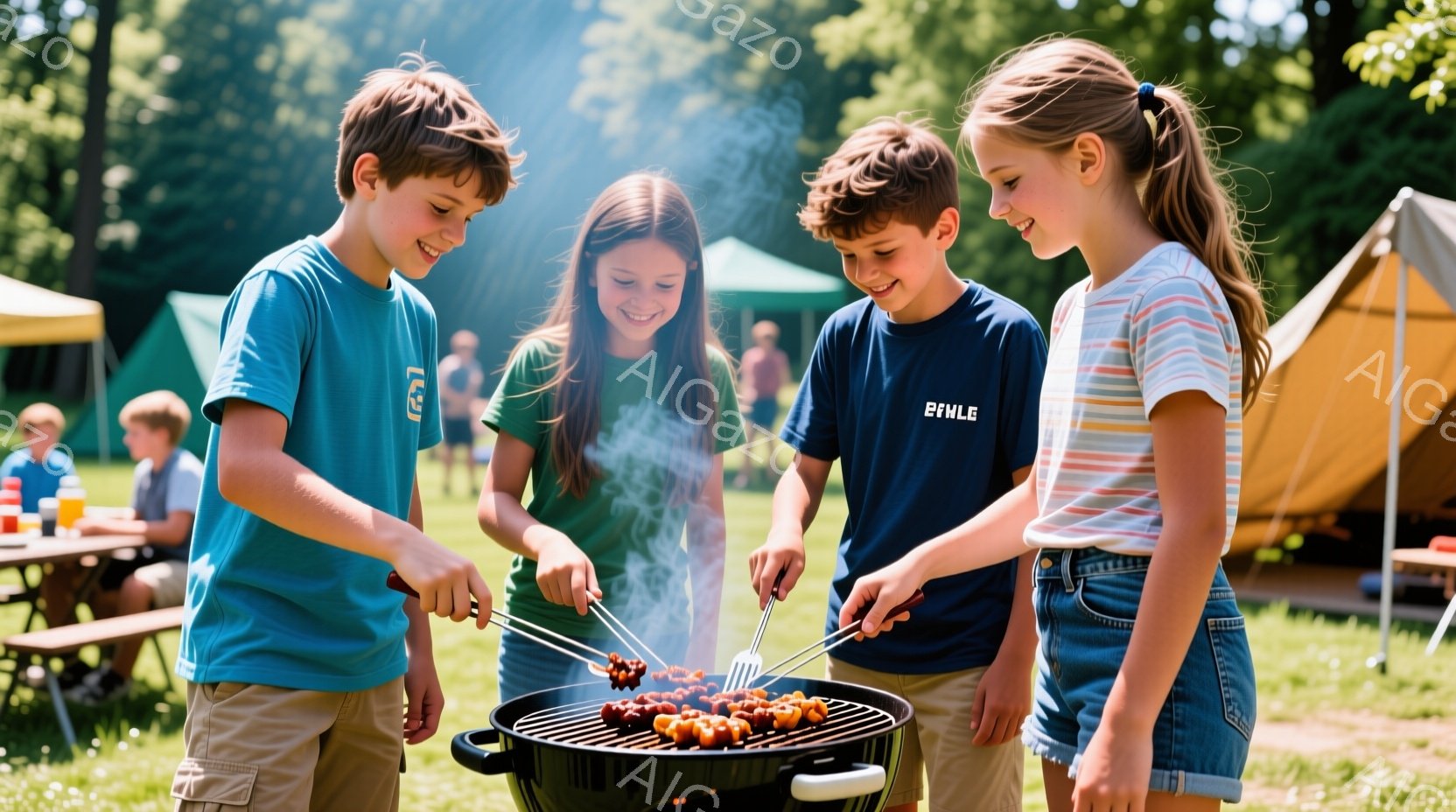 少年少女たちがバーベキューグリルを囲み、串に刺した食べ物を焼いている様子が写っている。明るい青色と緑色のTシャツを着た少年少女たちは皆笑顔で、楽しそうにバーベキューを楽しんでいる。背景には緑豊かな木々と芝生、遠くにはテントやテーブルが見え、晴れた屋外で賑やかな雰囲気を感じさせる。