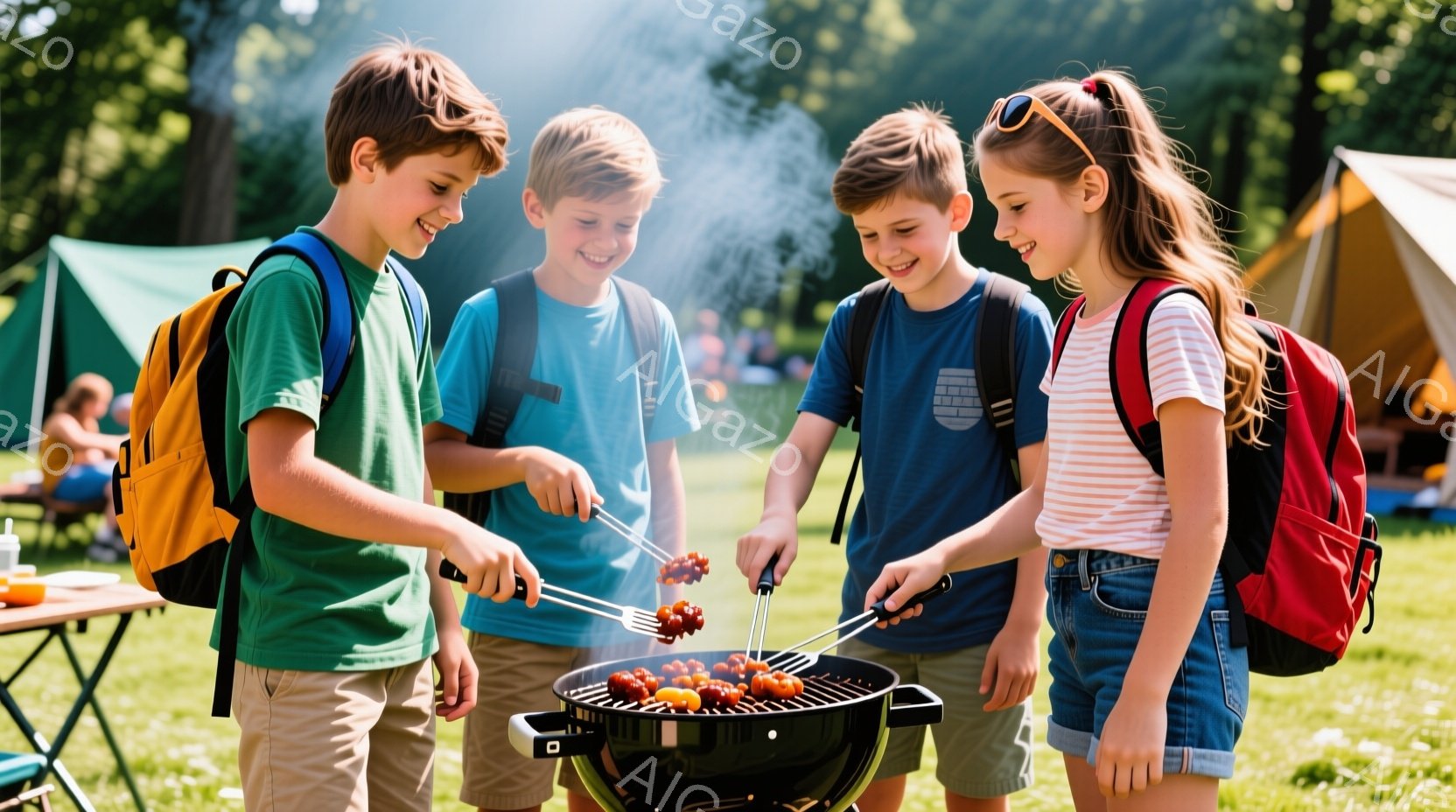 四人の子供たちがバーベキューグリルを囲み、串に刺された食材を焼いている様子が写っている。子供たちは皆、リュックサックを背負い、カジュアルな服装で、明るい笑顔を浮かべている。背景には緑豊かな自然が広がり、晴天の下、ピクニックやキャンプを楽しんでいる様子がうかがえる。