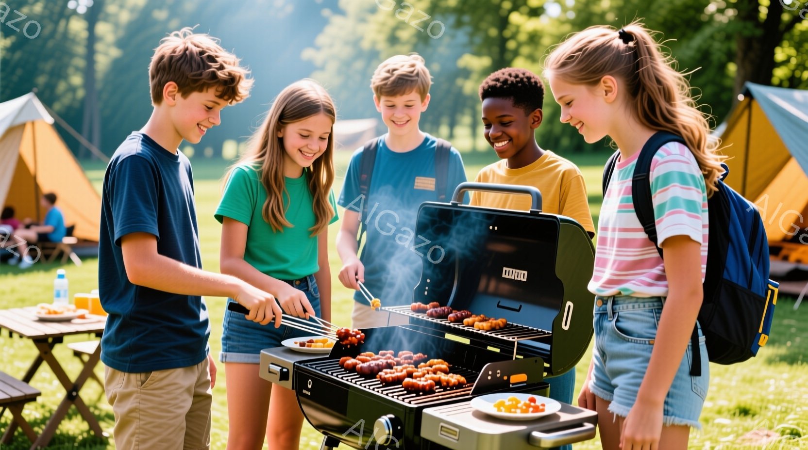 四人の子供たちがバーベキューを楽しんでいる様子が写っている。少年は青いTシャツを着ており、バーベキューグリルでソーセージを焼いている。少女たちはそれぞれ緑色とピンク色のストライプのTシャツを着ており、笑顔でバーベキューグリルを見ている。