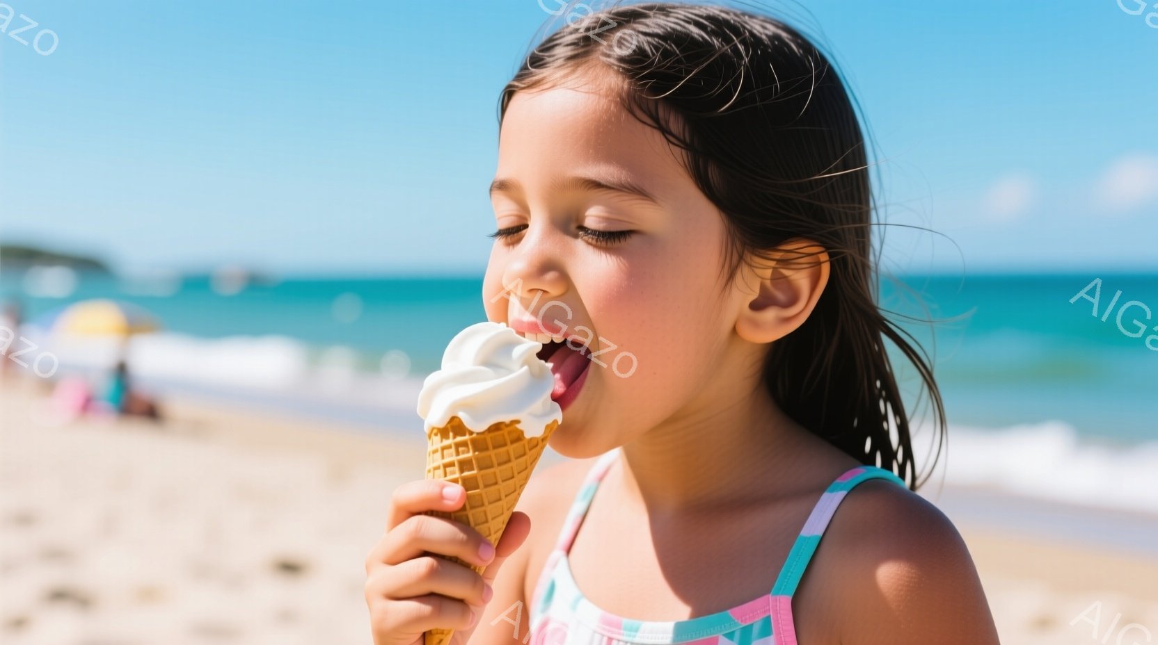 少女はアイスクリームを美味しそうに頬張っており、その表情は幸せに満ちています。彼女は明るいピンクとターコイズ色の水着を着ており、髪は後ろでポニーテールに結ばれています。背景には青い海と砂浜が広がり、晴れた日差しの中でリラックスした夏の雰囲気が漂っています。