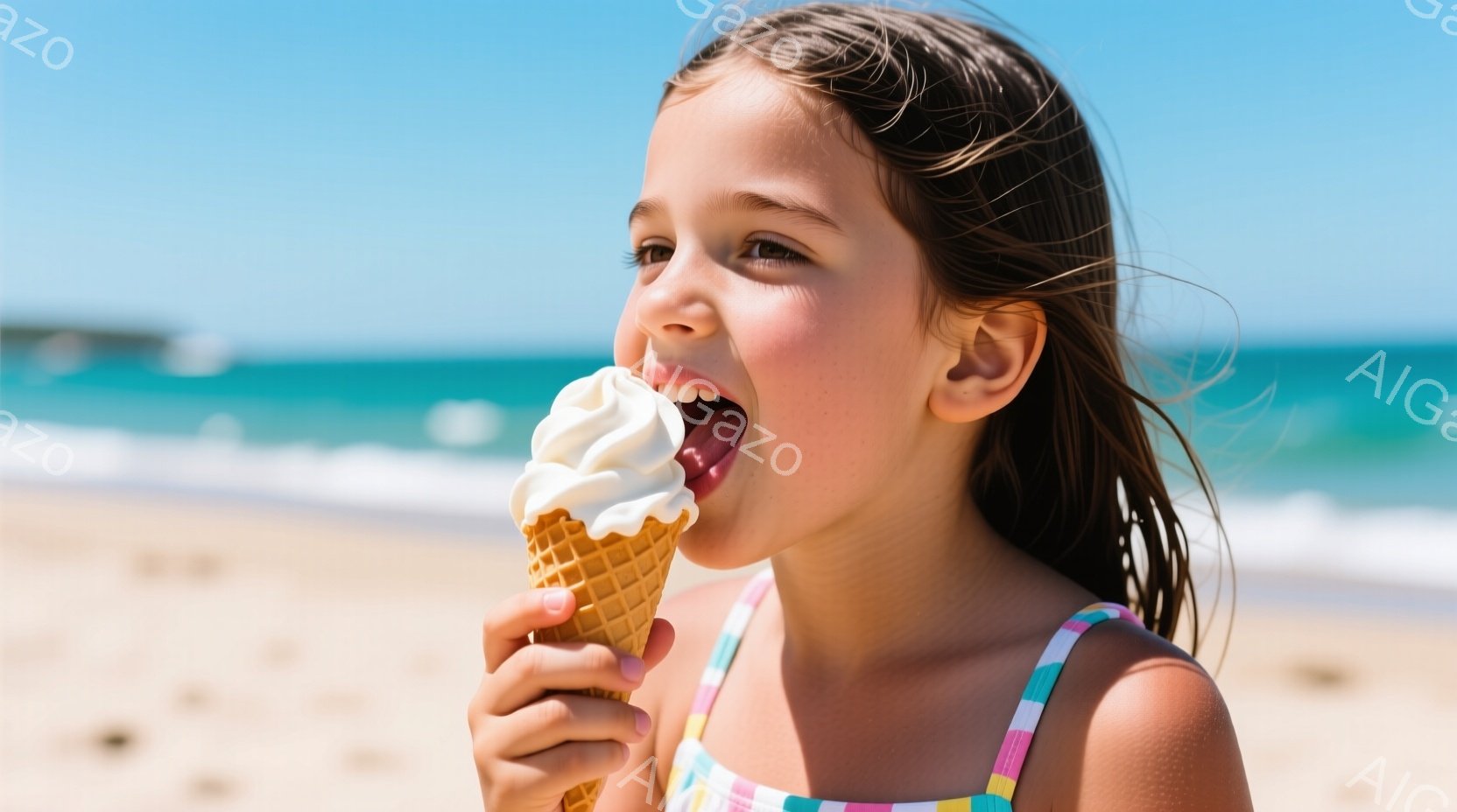明るい日差しの下、少女がアイスクリームを美味しそうに食べている。彼女はピンクと水色のストライプが入った水着を着ており、髪は後ろでポニーテールに結ばれている。背景には、青い海と砂浜が広がり、夏の陽気な雰囲気が漂っている。