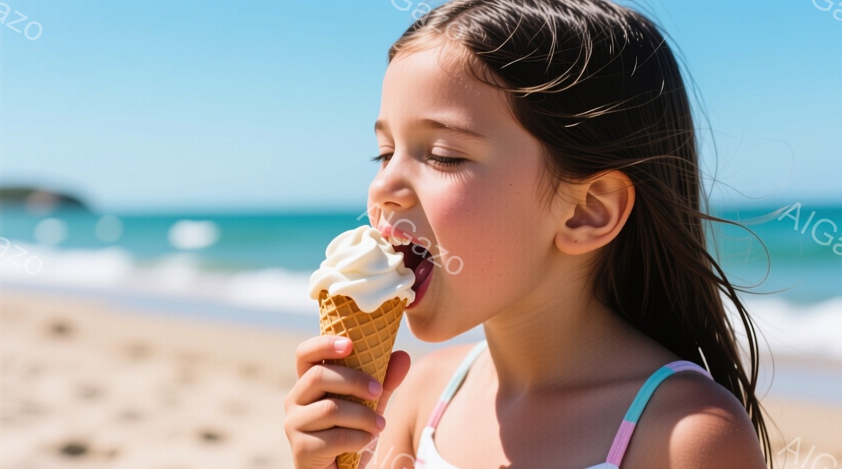 茶髪をポニーテールにした少女が、溶け始めたソフトクリームを美味しそうに食べている。彼女はピンクと白のストライプのトップスを着ており、背景には青い海と砂浜が広がり、晴れた日の穏やかな雰囲気が漂っている。焦点は少女に当てられており、楽しそうな表情が印象的だ。