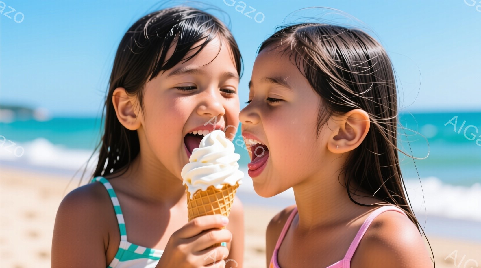 二人の幼い女の子が、太陽の下の砂浜でソフトクリームを楽しんでいます。片方の女の子は白と緑のストライプの水着を着てソフトクリームを口に運び、もう一人はピンクの水着を着て大きく口を開けて楽しそうにしています。背景には青い海と空が広がり、暖かい夏の日の幸せな雰囲気が伝わってきます。