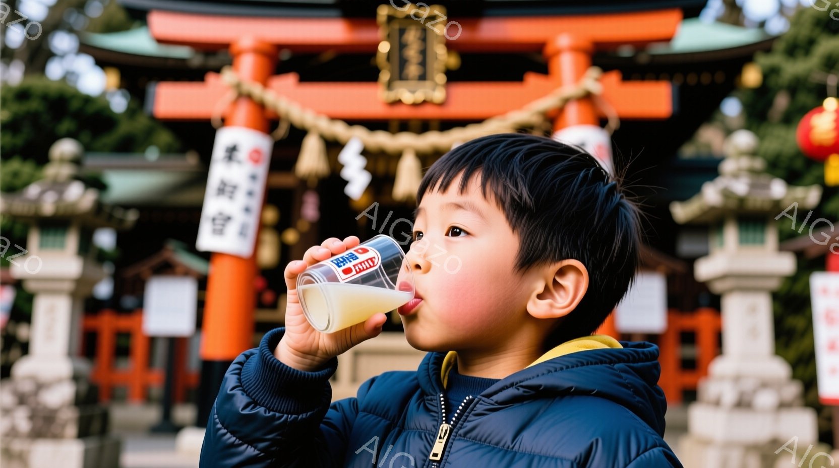 見上げるようにして飲み物を飲んでいる幼い男の子が写っています。彼は濃い青色のダウンジャケットを着ており、黒髪は短く刈り込まれています。背景には赤い鳥居と、日本らしい装飾が施された建物が見え、晴天の下、活気のあるお祭りや参拝の雰囲気が漂っています。