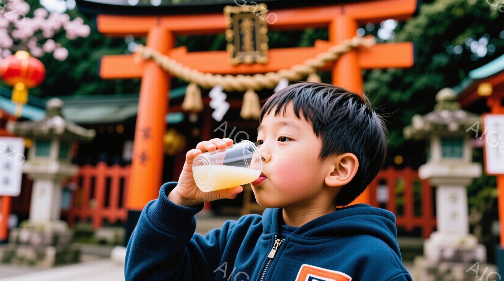 少年は鮮やかなオレンジ色の液体が入ったグラスを手に、飲み物を楽しんでいます。彼は紺色のフード付きジャケットを着ており、短く刈り込んだ黒髪が特徴的で、口元にはわずかな微笑みが浮かんでいます。背景には、鮮やかな朱色の鳥居と石灯籠が並び、神社の厳かで穏やかな雰囲気を醸し出しています。