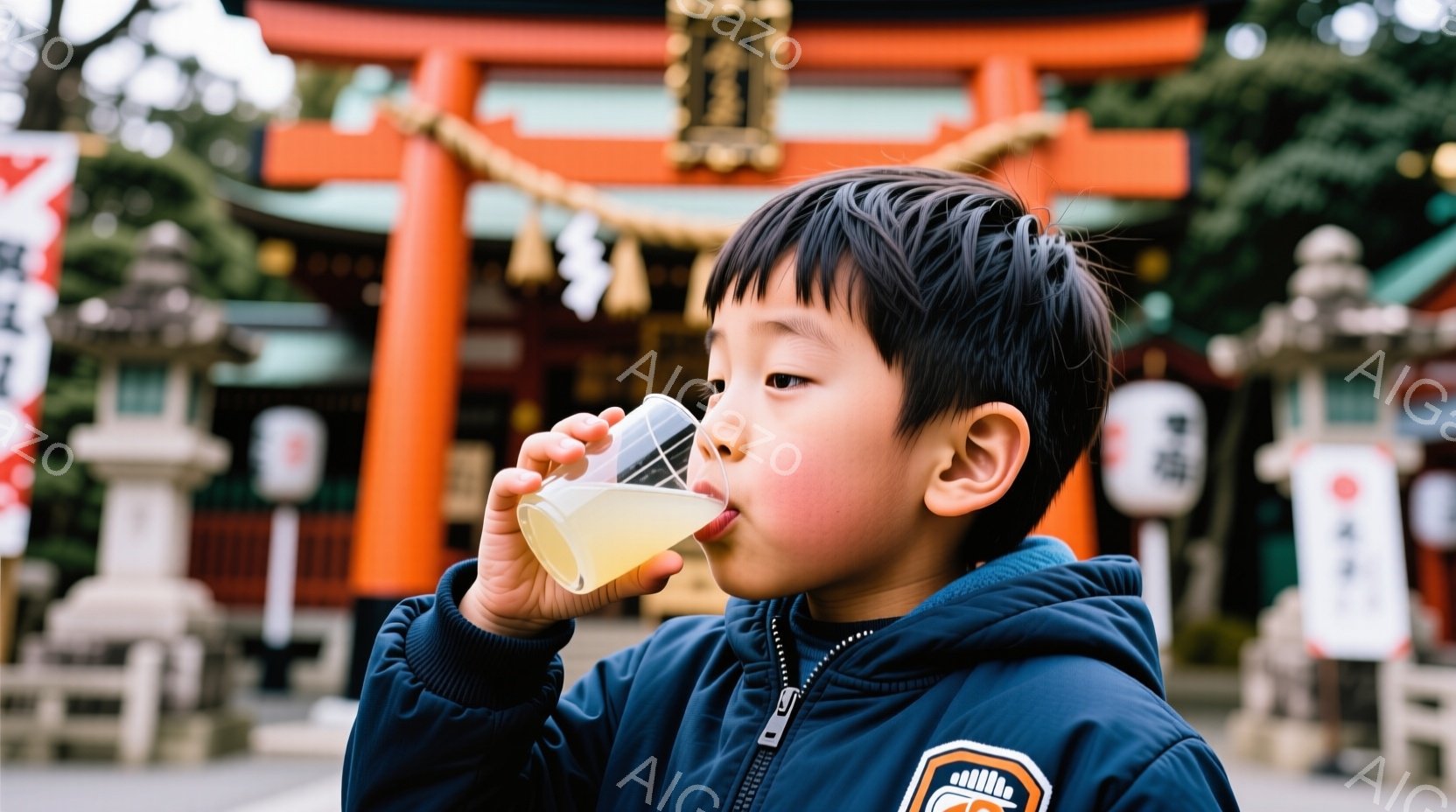 小さな男の子がオレンジ色の液体が入ったコップを手に、飲み物を飲んでいます。紺色のパーカーを着ており、黒髪は短く整えられています。背景には鮮やかな朱色の鳥居と石灯籠が見え、日本の神社の境内のような雰囲気 - AI生成フリー素材