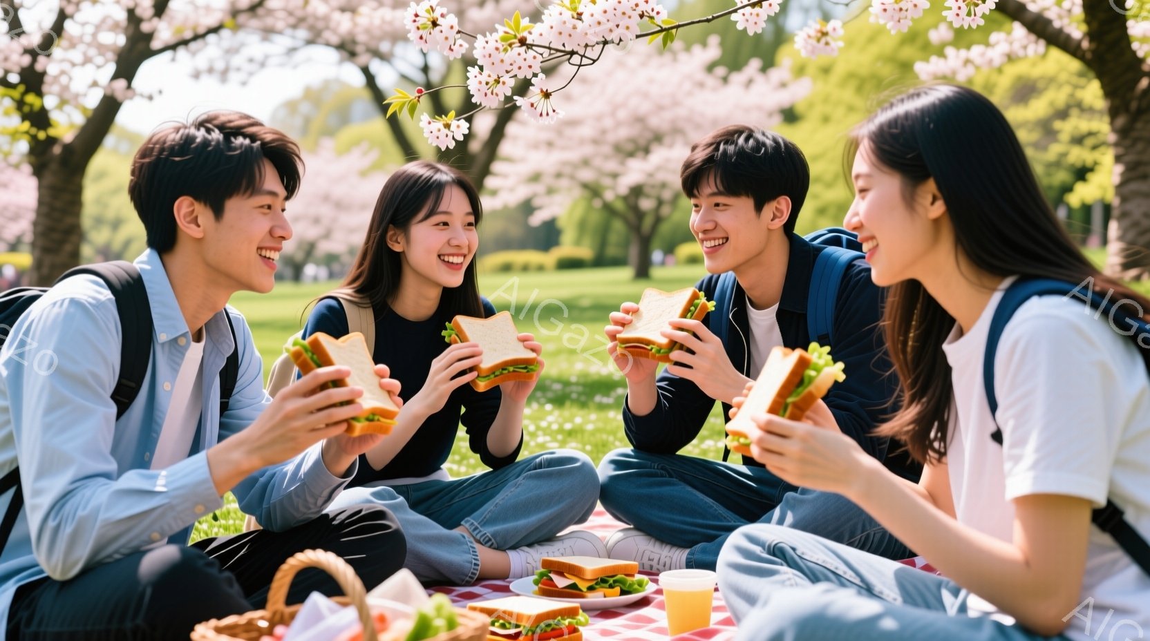 桜並木の緑豊かな芝生の上で、若い男女4人がピクニックを楽しんでいる様子が写っている。彼らは皆、カジュアルな服装で、笑顔でサンドイッチを手に持っている。背景には、満開の桜並木が広がり、穏やかな春の陽気が - AI生成フリー素材