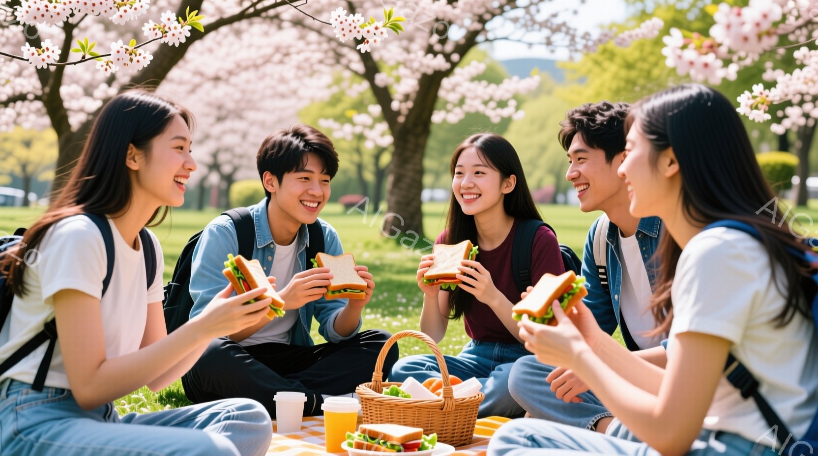 若者たちが桜の木の下でピクニックを楽しんでいます。彼らは皆、カジュアルな服装で、サンドイッチや飲み物を手にしています。背景にはぼやけた桜並木と緑の芝生が広がり、春らしい穏やかな雰囲気が漂っています。 - AI生成フリー素材