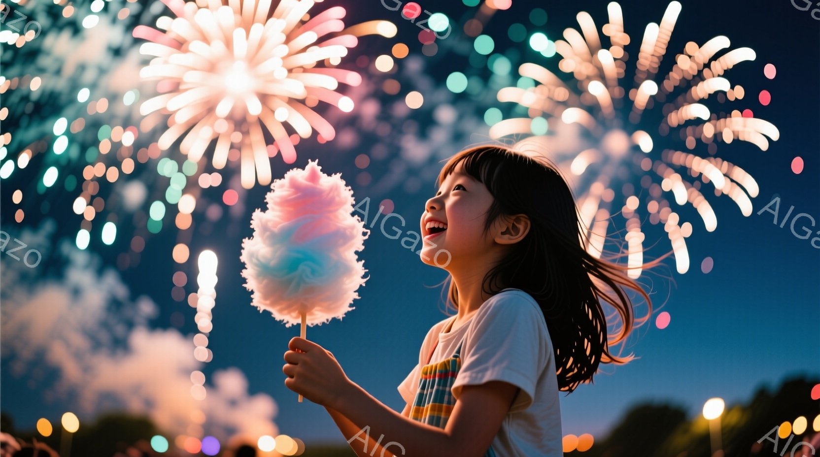 夜空に打ち上げられた花火を背景に、少女が綿あめを高く掲げて楽しそうに笑っている。彼女は白いTシャツにチェックのシャツを羽織り、髪を後ろでひとつに結んでいる。背景にはぼんやりとした照明と、多くの観客がい - AI生成フリー素材