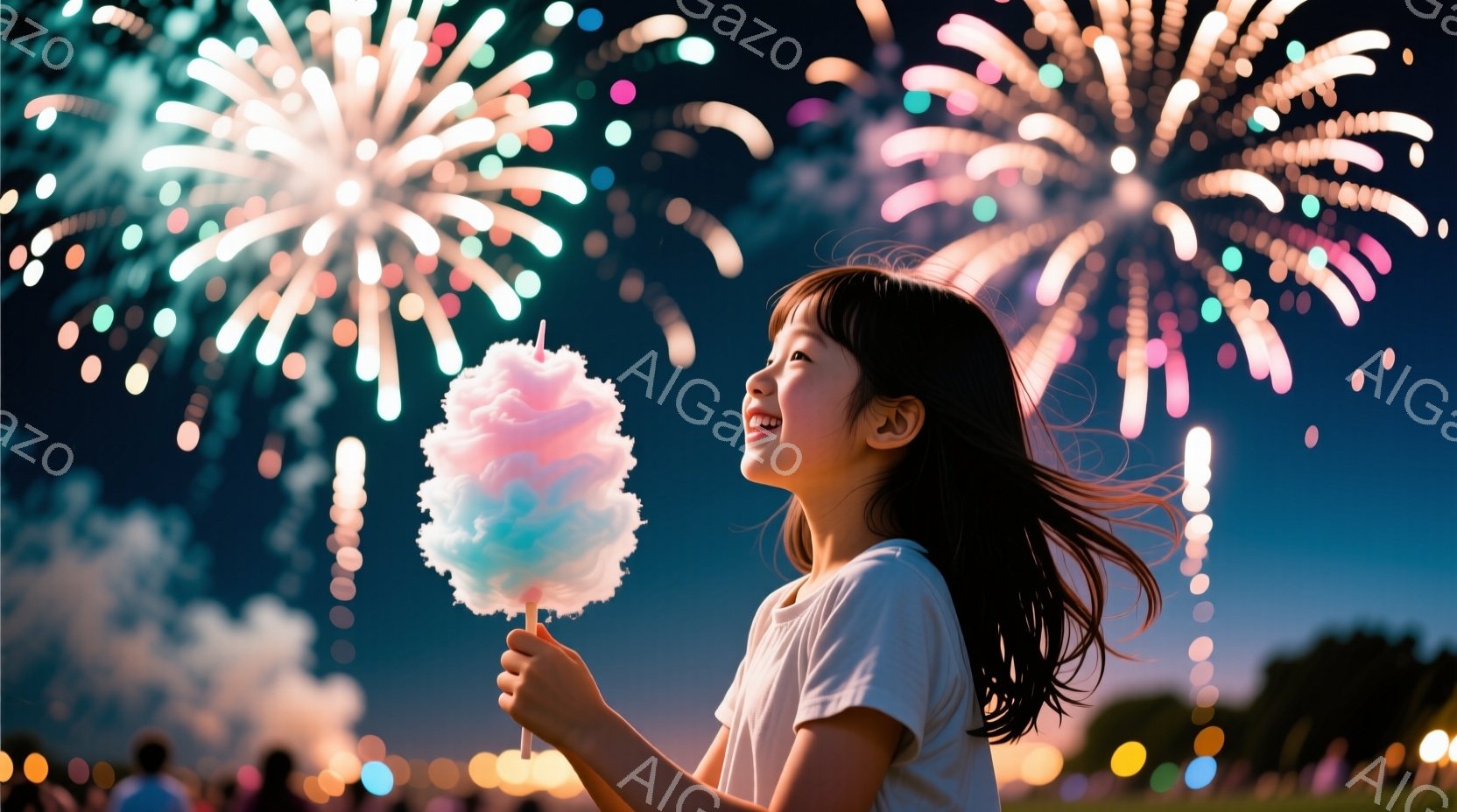 少女は綿菓子の入った棒を高く掲げ、夜空に打ち上げられる花火を見上げて喜んでいます。彼女は白いTシャツを着ており、長い黒髪が風になびいています。背景には、ぼやけた観客と、カラフルな花火が夜空を彩り、夏祭りの賑やかな雰囲気が伝わってきます。