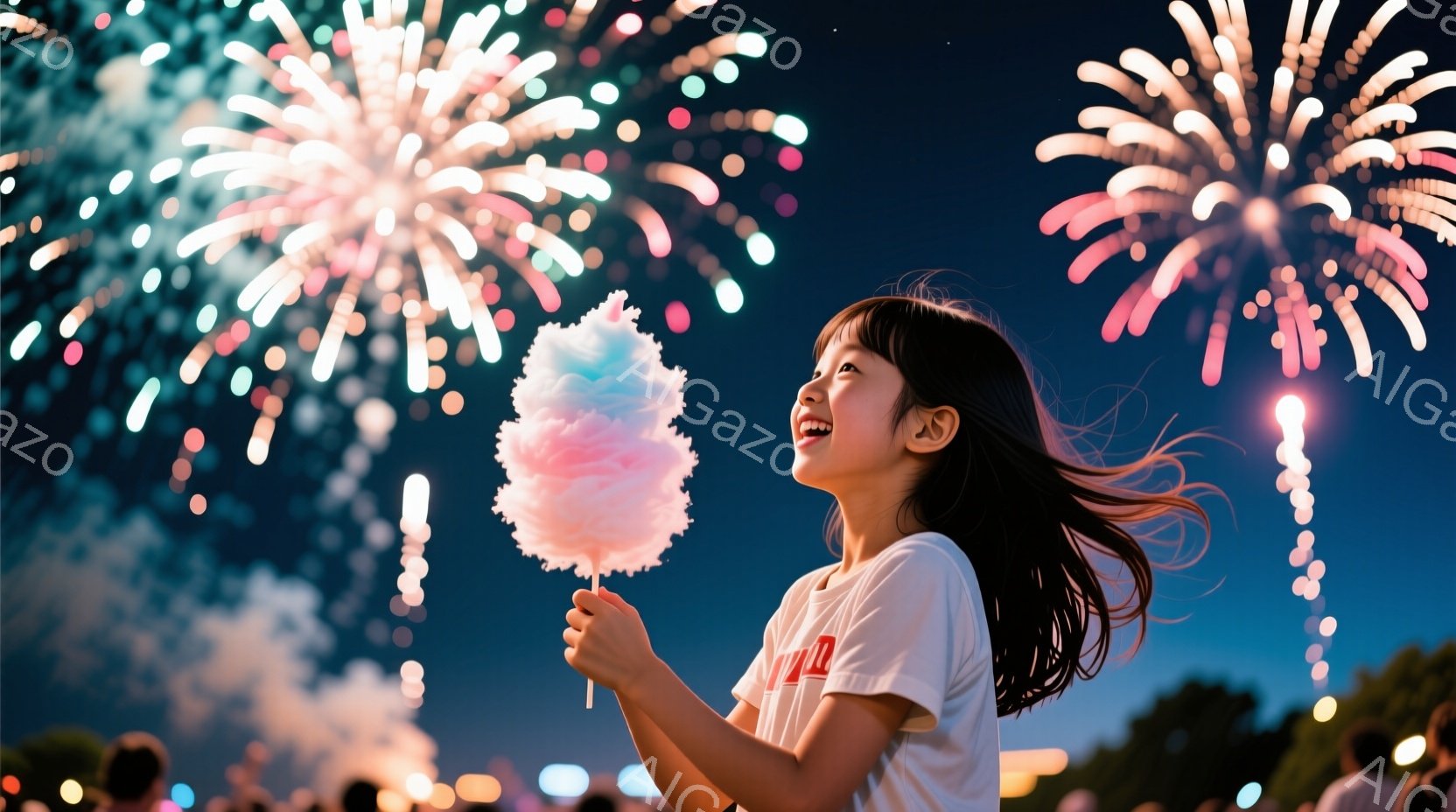 少女は綿あめを片手に、夜空を見上げて楽しそうに笑っている。彼女は白いTシャツを着ており、髪は肩まで伸びて少しカールしている。背景には花火が打ち上げられ、夜空を明るく照らし、お祭りの賑やかな雰囲気が伝わってくる。