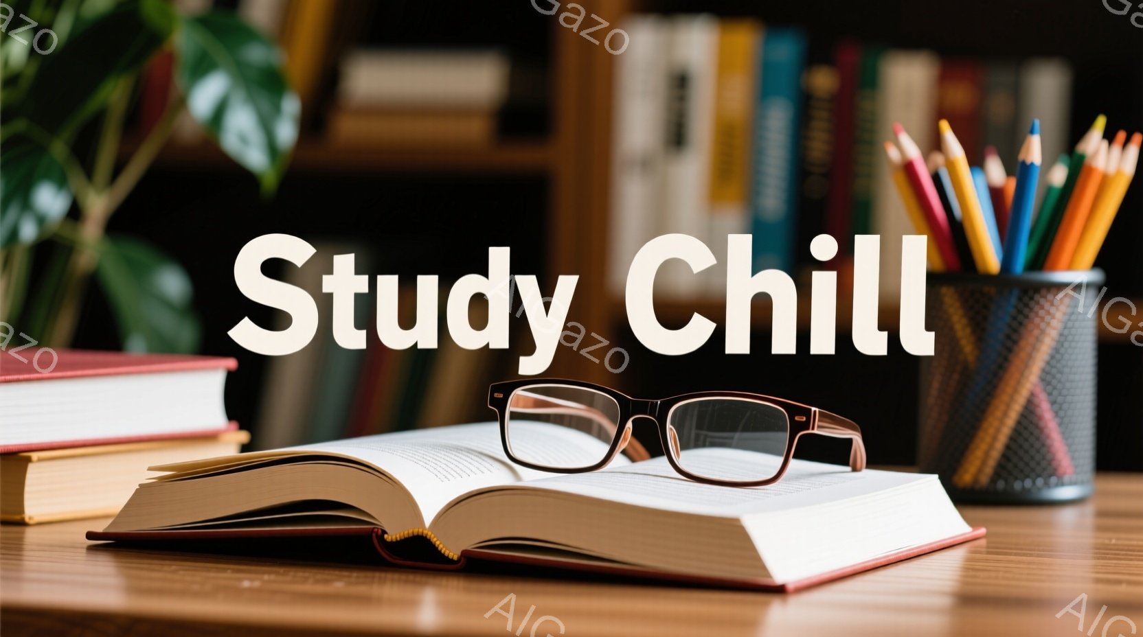 机の上には開いた本とメガネが置かれており、その隣には色鉛筆が立てられたペン立てがあります。背景には本棚がぼやけており、左上には葉っぱの緑がアクセントとして見えます。全体的に落ち着いた雰囲気で、勉強や読書に最適な環境を暗示しています。