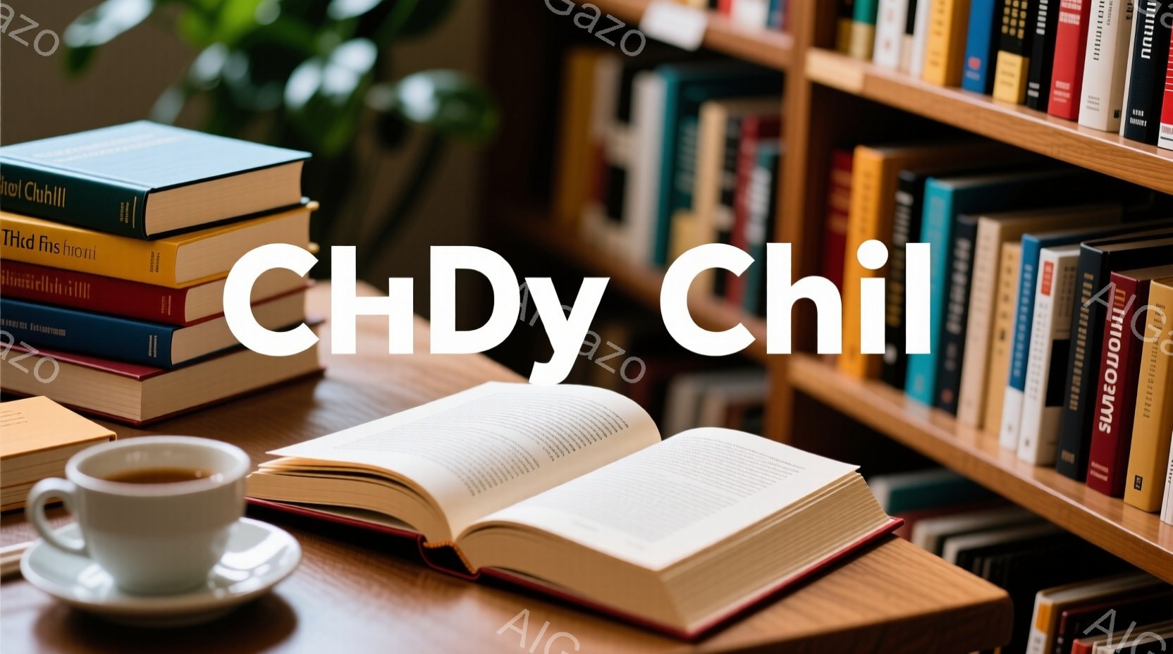 開かれた本がテーブルの上にあり、その横には茶色の縁取りのあるクリーム色のカップが置かれています。背景には本棚があり、様々な色の本が並んでいます。全体的に落ち着いた雰囲気で、読書や勉強に最適な静かな空間が表現されています。