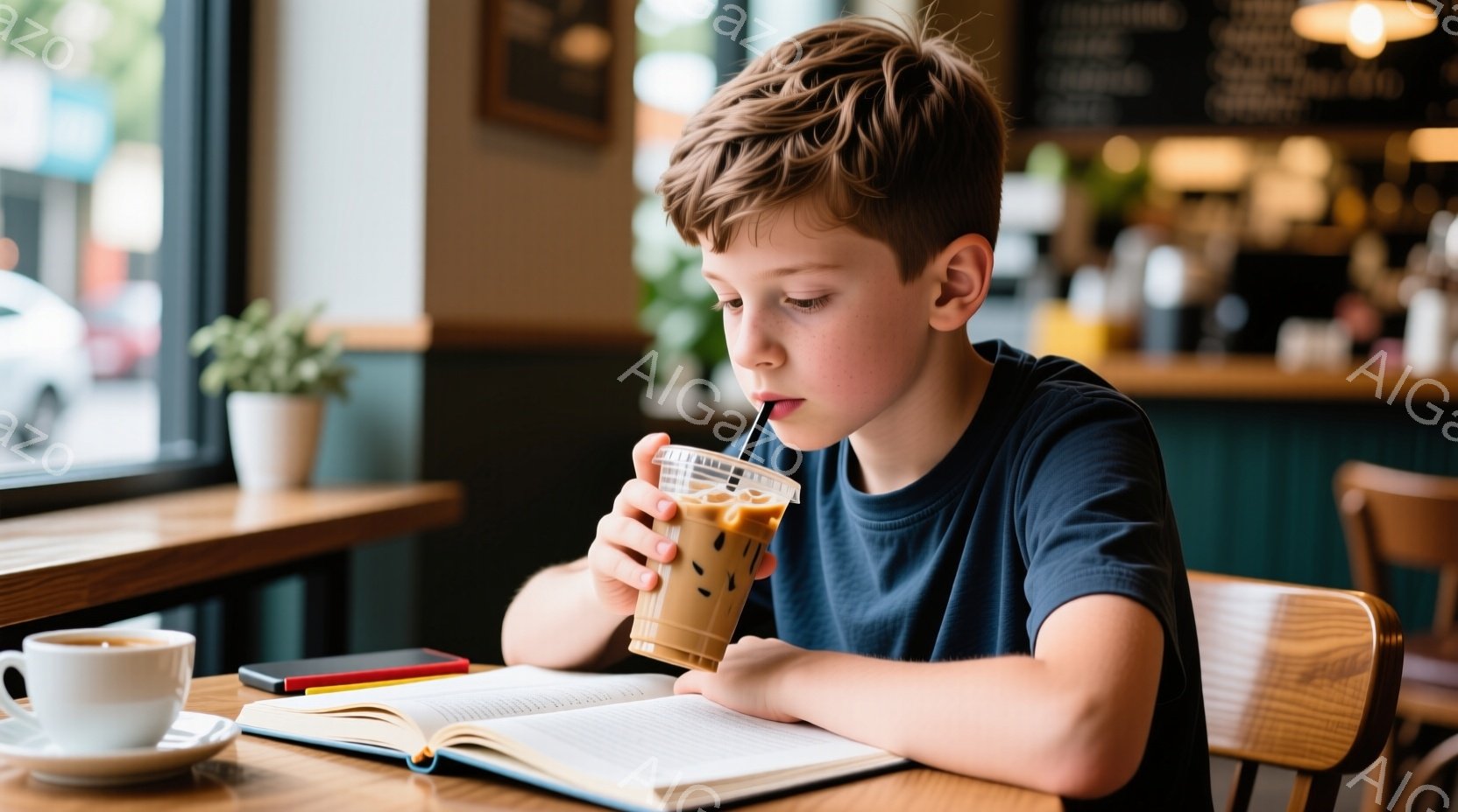 茶髪の少年がカフェで本を読みながらアイスコーヒーを飲んでいます。彼は濃い青色のTシャツを着ており、少し考え込んでいるような表情をしています。背景には窓から見える街並み、テーブルの上にはコーヒーカップとペン、そしてスマートフォンが見え、落ち着いた雰囲気のカフェであることがわかります。