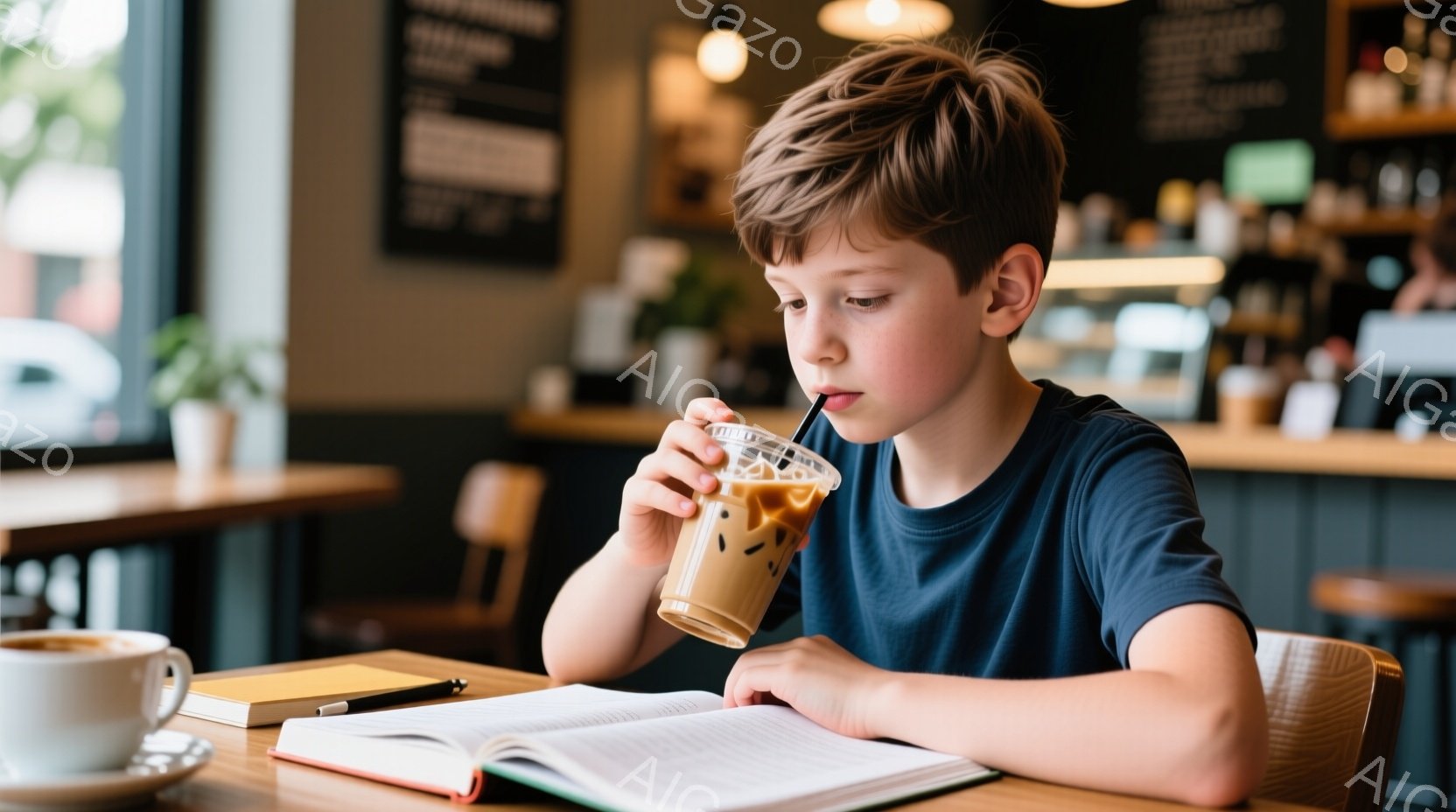 茶髪の少年が、カフェのような場所で飲み物を飲みながら、開いた本に集中して取り組んでいます。青いTシャツを着ており、少し真剣な表情で、姿勢良く座っています。背景にはカフェのカウンターや他のテーブルが見え、穏やかで落ち着いた雰囲気が漂っています。