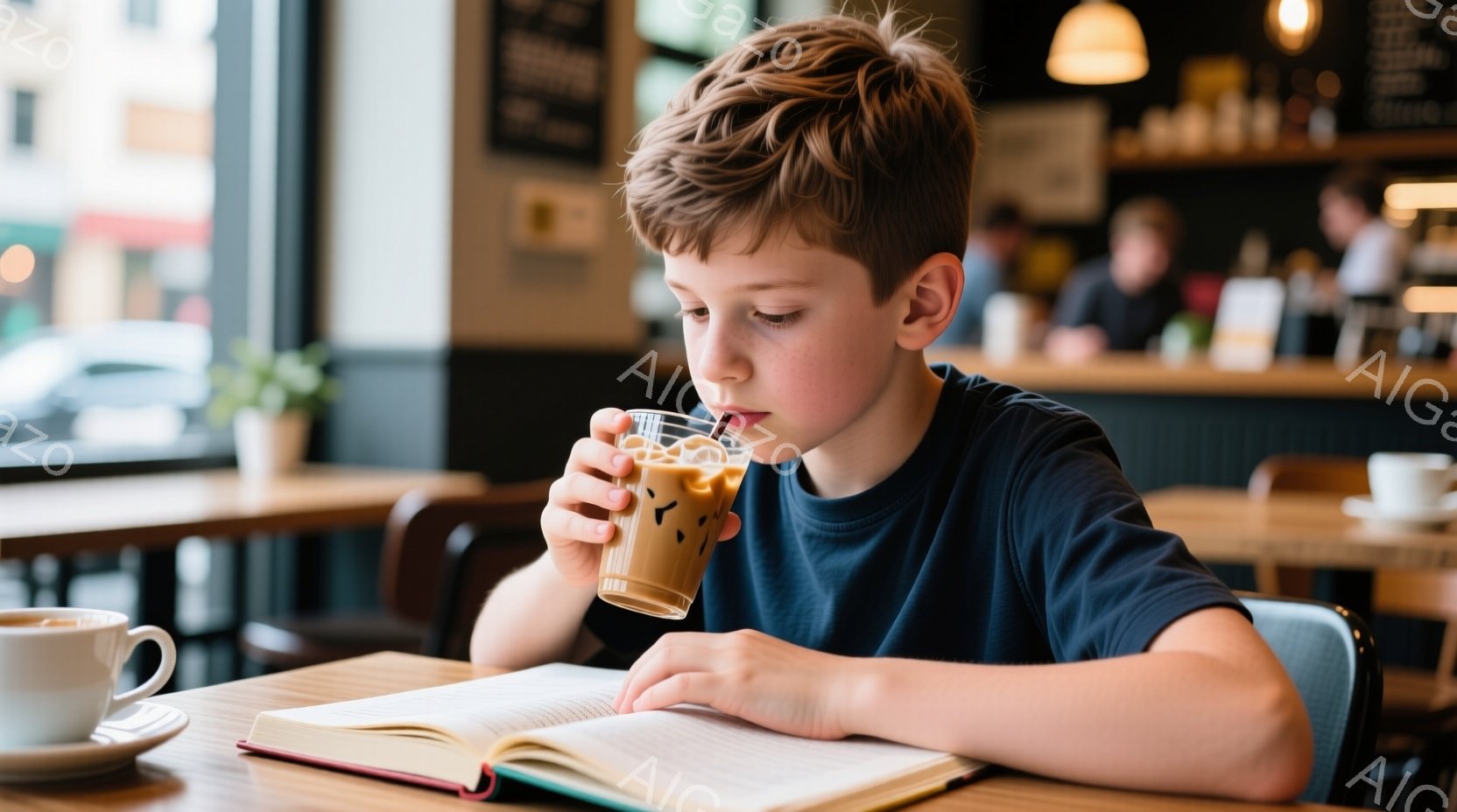 茶色い髪の少年がカフェで本を読みながら冷たい飲み物を飲んでいます。彼は紺色のTシャツを着ており、集中した表情で前を見つめています。背景には他の客やカフェのカウンターが見え、暖かく落ち着いた雰囲気です。
