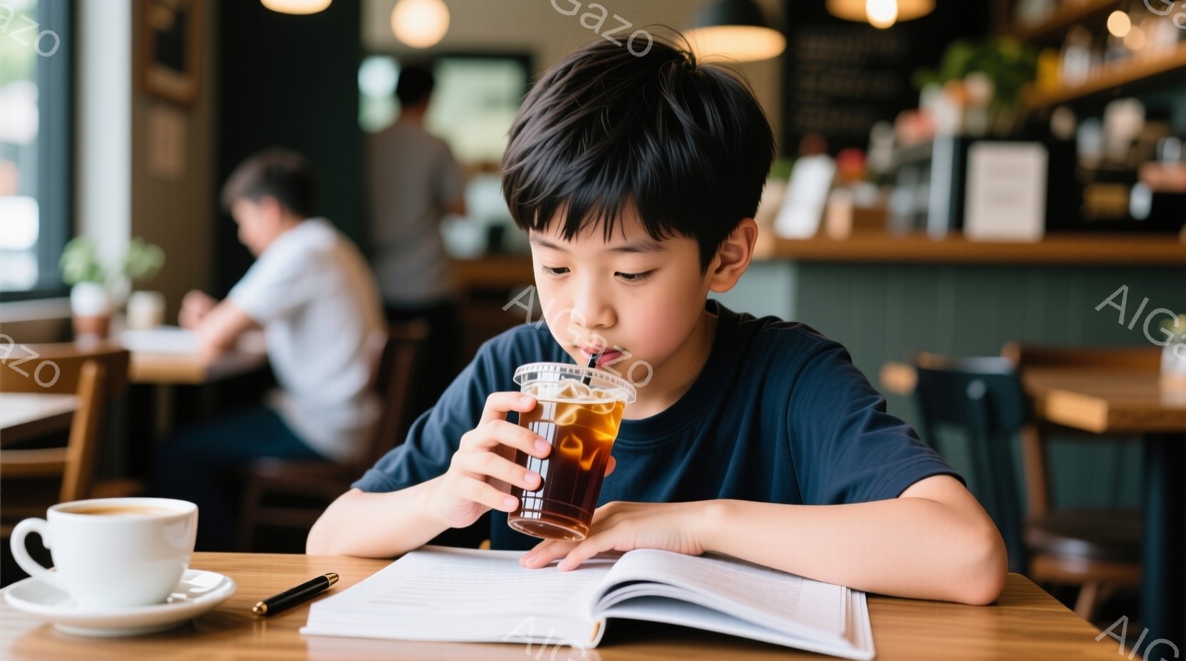 若い少年がカフェで勉強をしている様子が写っている。濃い青色のTシャツを着ており、黒髪を短く整えている。彼は開いた本とペン、そして飲み物を置いた木製のテーブルに前かがみになり、飲み物をストローで飲んでいる。