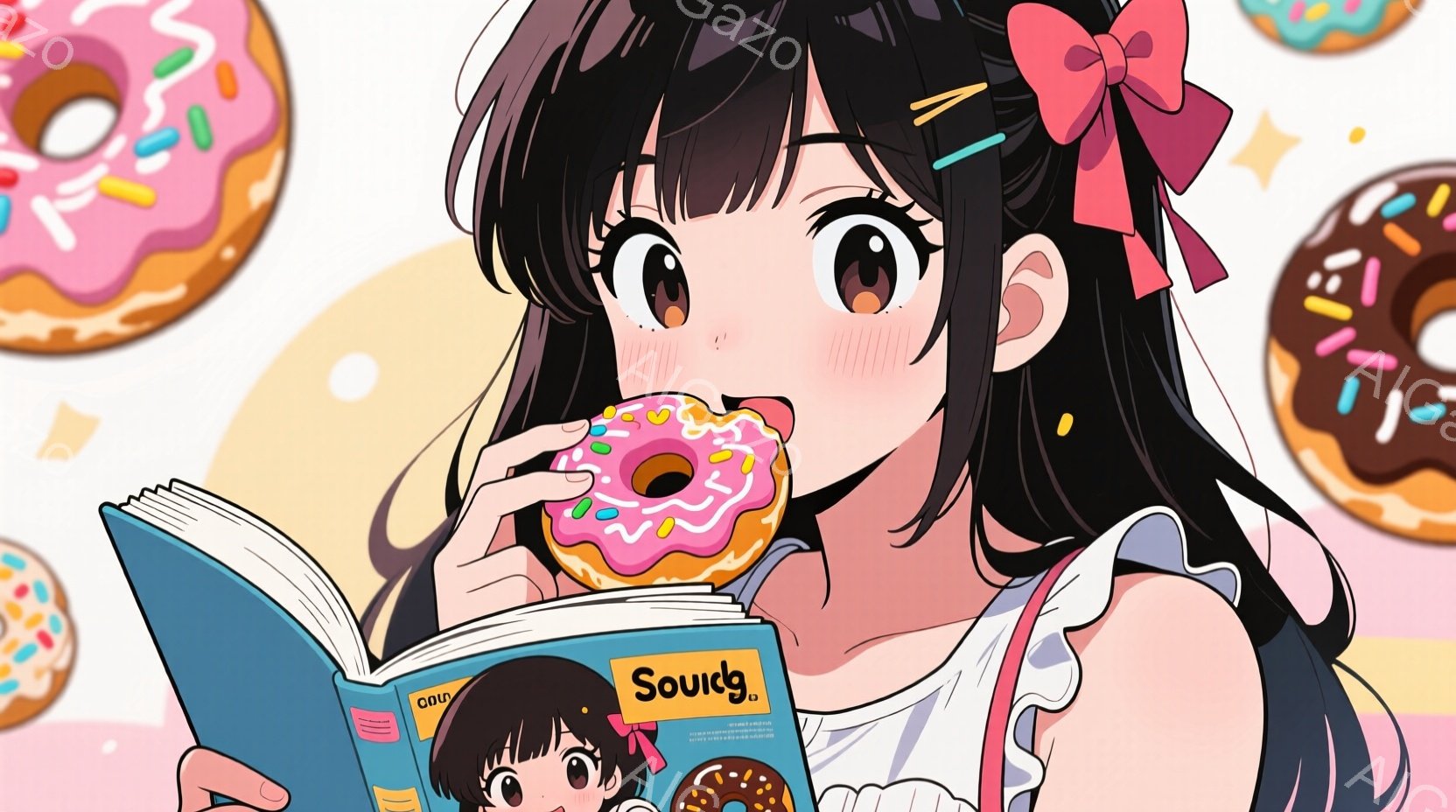長い黒髪にピンクのリボンをつけた少女が、開いた本を読みながら、片手にピンク色のドーナツを持っています。彼女は大きな目を輝かせ、頬を赤らめ、少し照れたような表情をしています。背景には、様々な色のドーナツが配置されており、明るく可愛らしい雰囲気です。