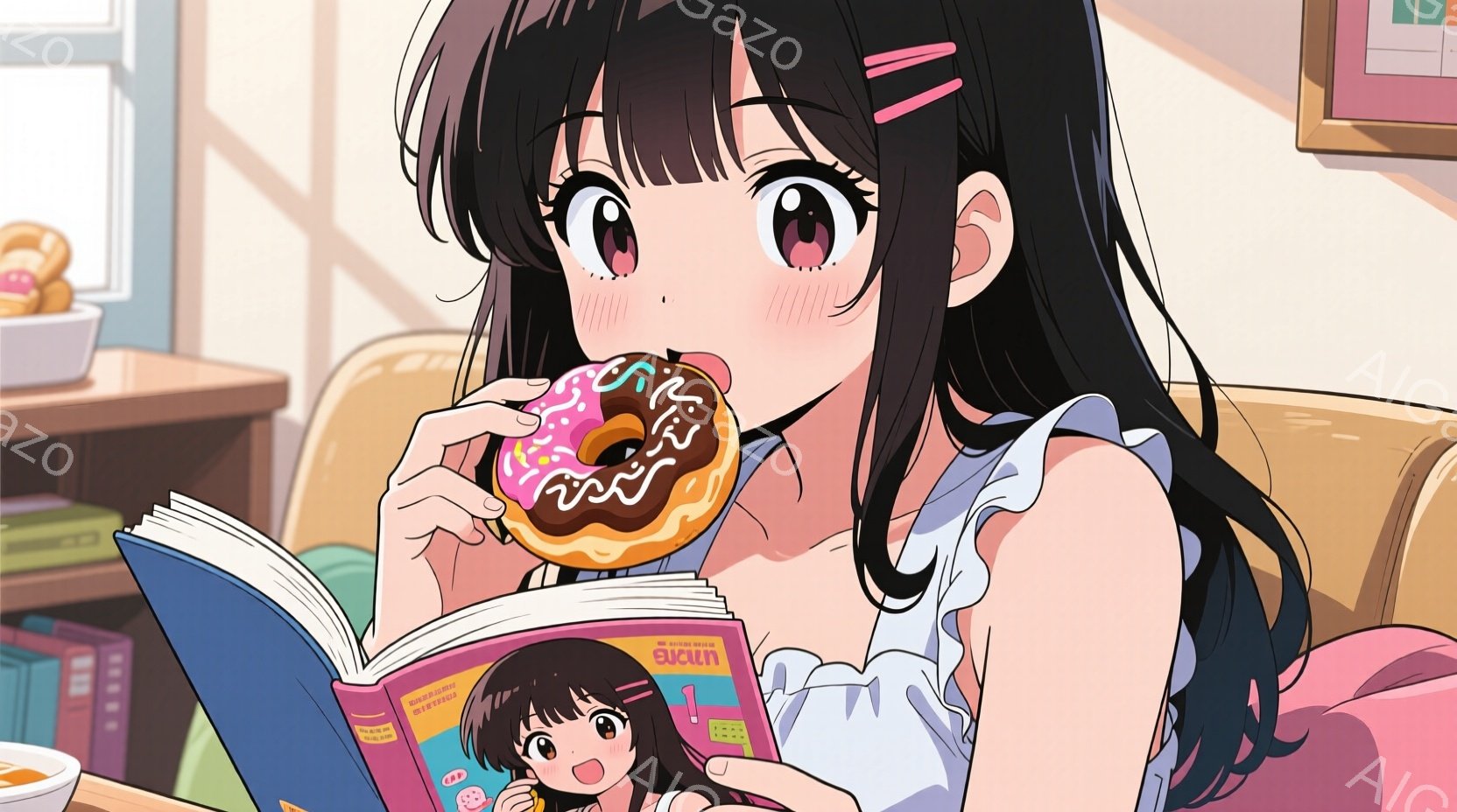 茶色の巻き毛に大きな瞳を持つ少女が、ピンク色の可愛らしいワンピースを着て、ドーナツを片手に読書をしています。彼女は頬を赤らめ、幸せそうな笑顔を浮かべており、その姿はリラックスした雰囲気を醸し出していま - AI生成フリー素材