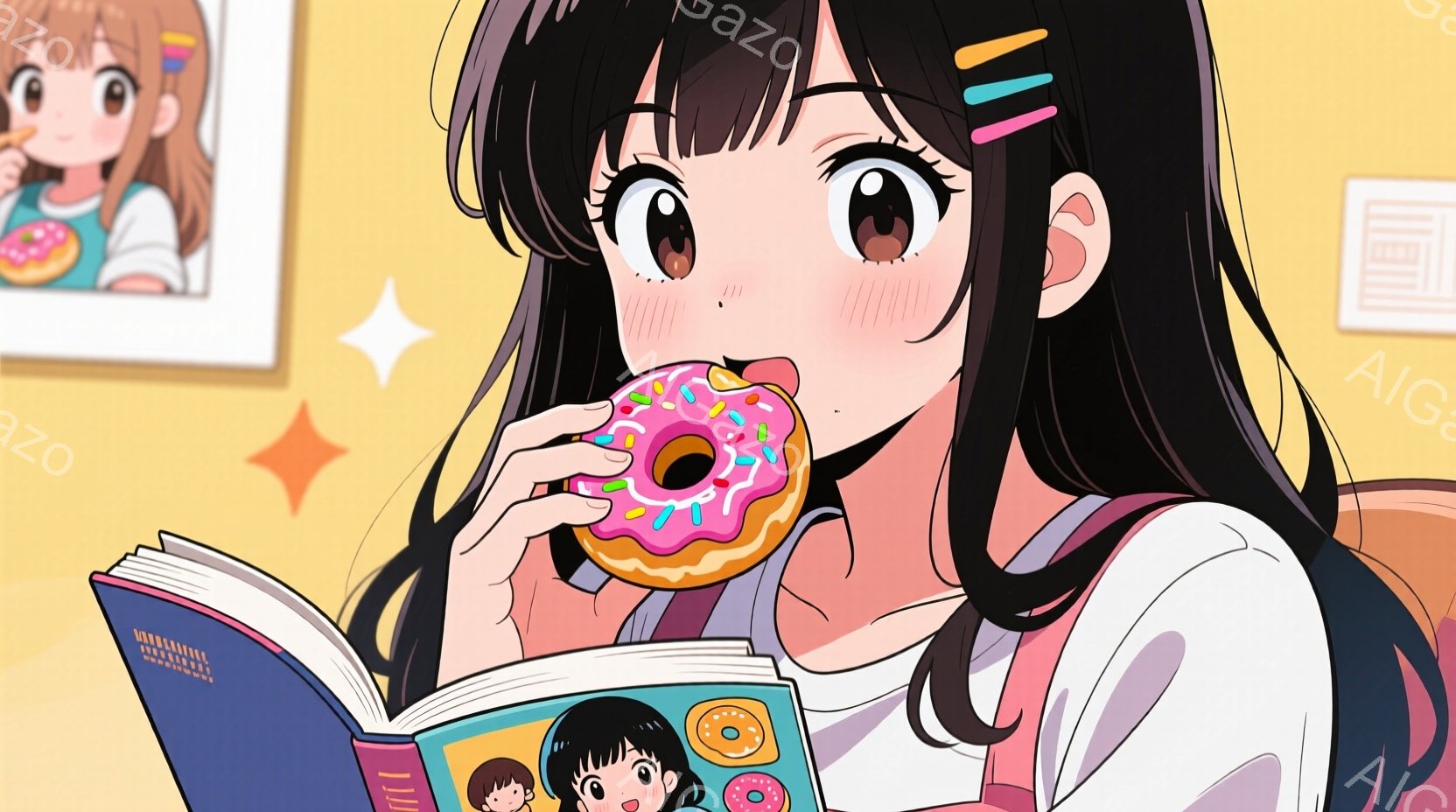 長い黒髪にピンクのリボンをつけた少女が、ピンク色のアイシングがかかったドーナツを手に持っています。彼女は白いブラウスと水色のベストを着ており、頬は赤く染まっています。背景には、ドーナツのイラストが描かれた本と、キラキラと輝く星のような模様が見えます。