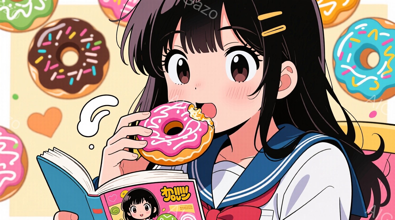 紺色のセーラー服を着た若い女性が、ピンク色のアイシングがかかったドーナツを手に持っています。彼女は明るい笑顔を見せ、本を読みながらリラックスした様子で、背景には様々な色と形のドーナツが散りばめられています。全体的に、可愛らしく、楽しげな雰囲気のイラストです。