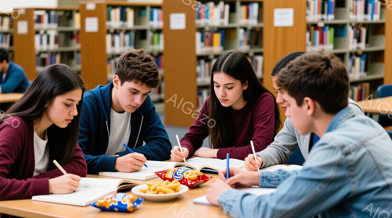 図書館で若い学生たちがテーブルを囲んで勉強している様子が写っている。彼らは皆、カジュアルな服装で、集中した表情で本やノートにペンで書き込んでいる。テーブルの上にはポテトチップスの入った皿があり、背景に - AI生成フリー素材