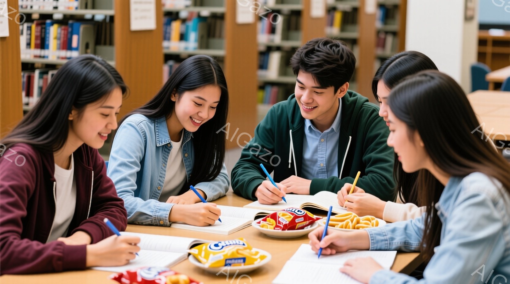 五人の若い学生が、本とノートとペンが置かれたテーブルを囲んで座っている。彼らは皆笑顔で、何かを書き込んでいるか、または話し合っているようだ。背景には本棚が並び、図書館内であることがわかる。 - AI生成フリー素材
