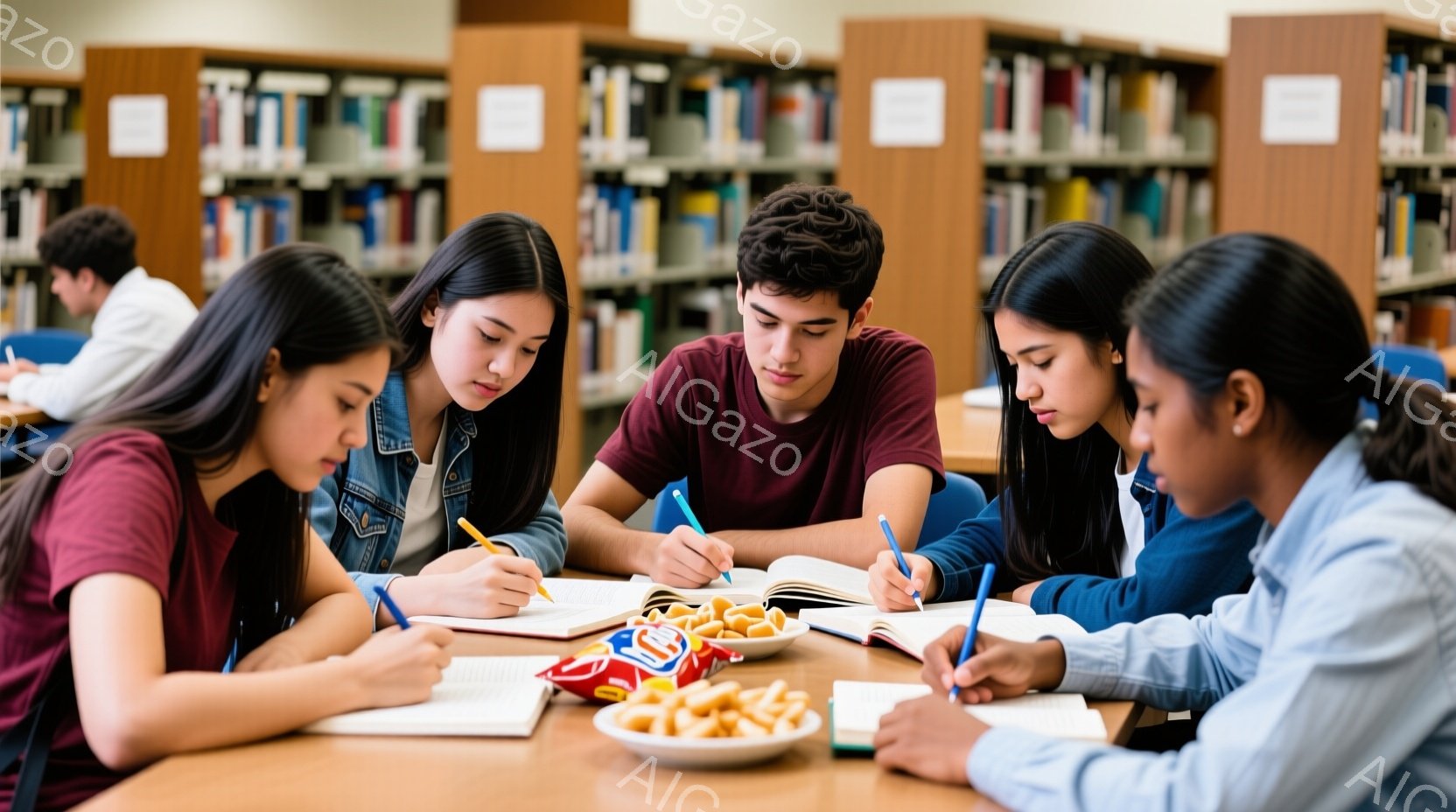 図書館の一室で、数人の若い学生たちがテーブルを囲んで勉強している様子が描かれている。彼らは皆、カジュアルな服装で、集中した表情で本やノートに向かっている。テーブルの上にはスナックと筆記用具が置かれ、真剣な学習の雰囲気が漂っている。