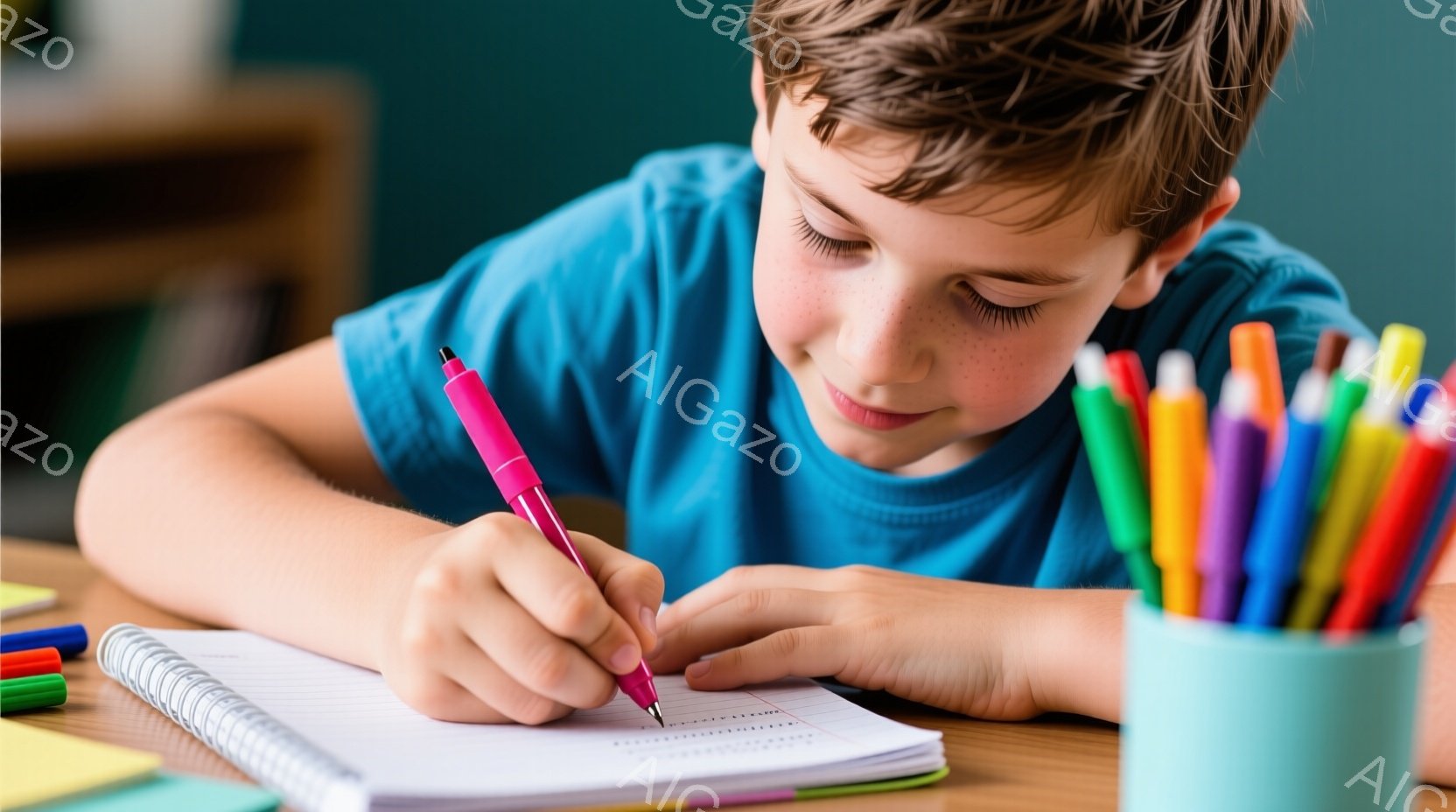 茶髪の少年が、青いTシャツを着て、ノートにペンで何かを書き込んでいます。集中した表情で、少しうつむき加減で筆記しており、机の上にはカラフルなペンが立てられたコップと、ノートが置かれています。明るい木製のテーブルと背景の青が、学習に集中している少年の雰囲気を引き立てています。