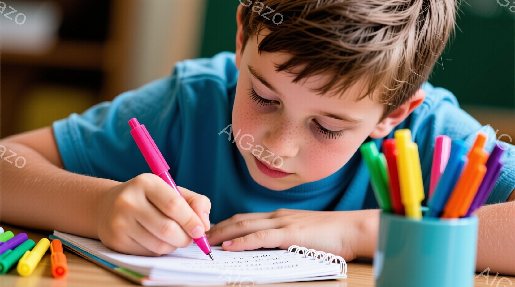 茶髪の少年が青いTシャツを着て、集中してノートに赤いペンで何かを書いています。彼は少し眉間にしわを寄せ、真剣な表情をしています。背景にはカラフルなペンが詰まった水色のペン立てがあり、明るい学習環境を示唆しています。