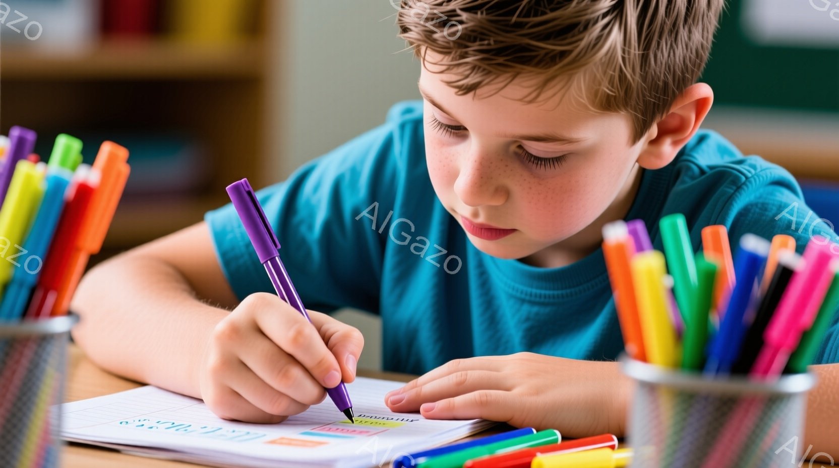 若い少年が机に向かって紫色のペンで何かを書き込んでいます。彼は青いTシャツを着ており、少しうつむき加減で集中した表情をしています。机の上にはカラフルなペンが詰まったコップが二つ置かれ、学習や創造的な活動をしている様子が伺えます。