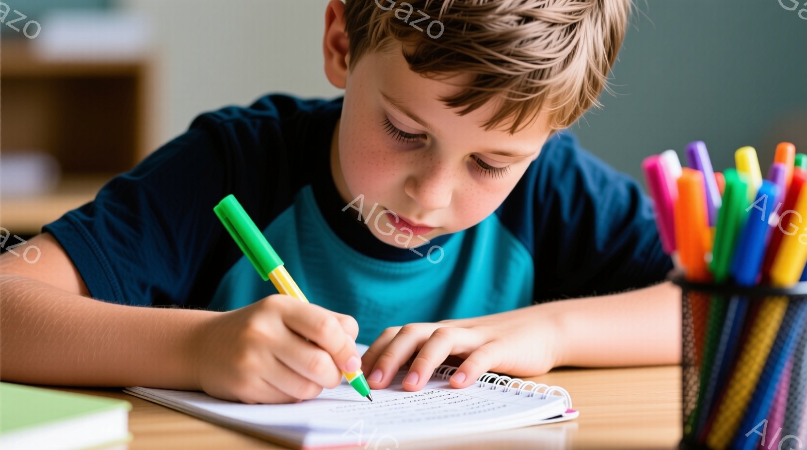 茶髪の少年がターコイズブルーのTシャツを着て、机に向かって何かを書いている。集中した表情で、緑色のペンを手に、ノートに文字を書き込んでいる。背景にはペン立てがあり、様々な色のペンが並んでいるのが見える - AI生成フリー素材