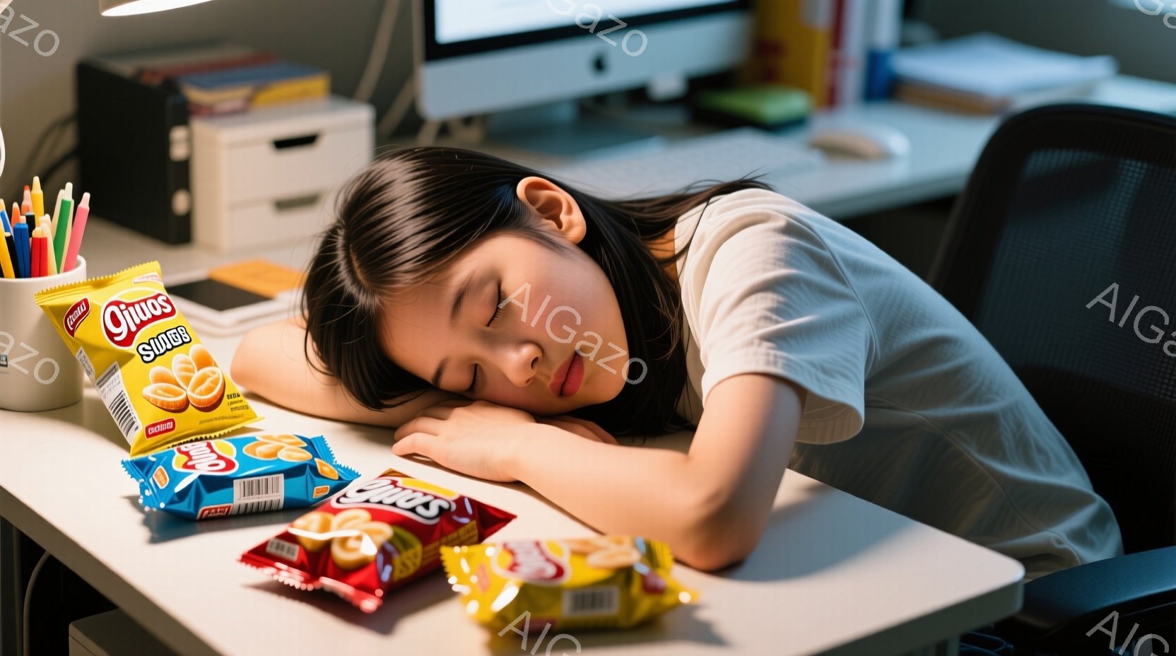 茶髪の少女が白い机の上で眠っており、腕は前に出して頭を机に預けている。周りには、開けられたポテトチップスの袋がいくつか散らばっている。背景にはコンピューターモニターや筆記用具が見え、室内で勉強や作業をしていた最中に疲れてしまった様子が伺える。
