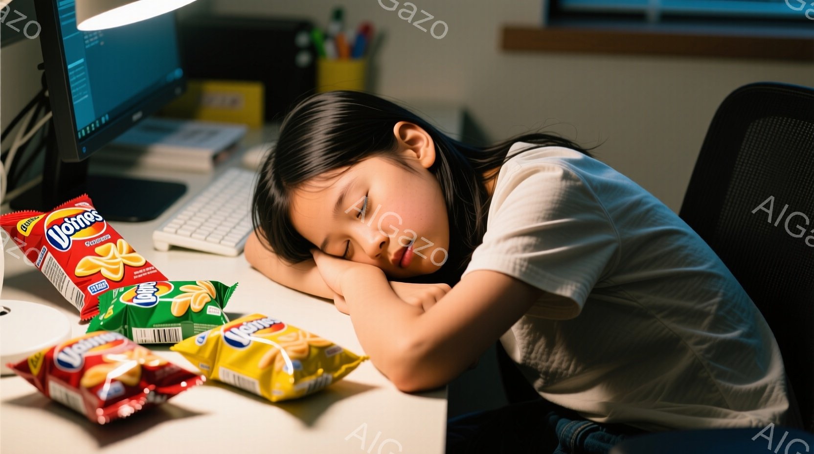 一人の若い女性が机に突っ伏して眠っています。彼女は白いTシャツを着ており、長い黒髪は無造作に広がっています。机の上には、開けられたポテトチップスの袋が数個散らばっており、背景にはパソコンの画面がぼんやりと見えます。