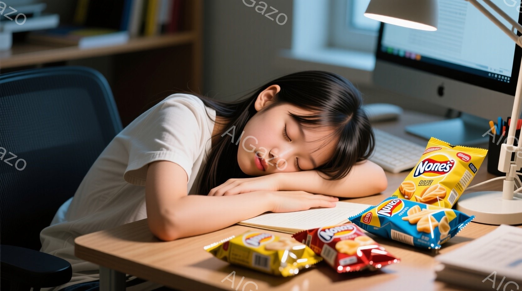 若い女性が机に突っ伏して眠っています。彼女は白いTシャツを着ており、長い黒髪は後ろでまとめています。机の上には開いたノート、ペン、そしていくつかのスナック菓子の袋が散らばっており、勉強や作業の合間に疲れてしまった様子がうかがえます。