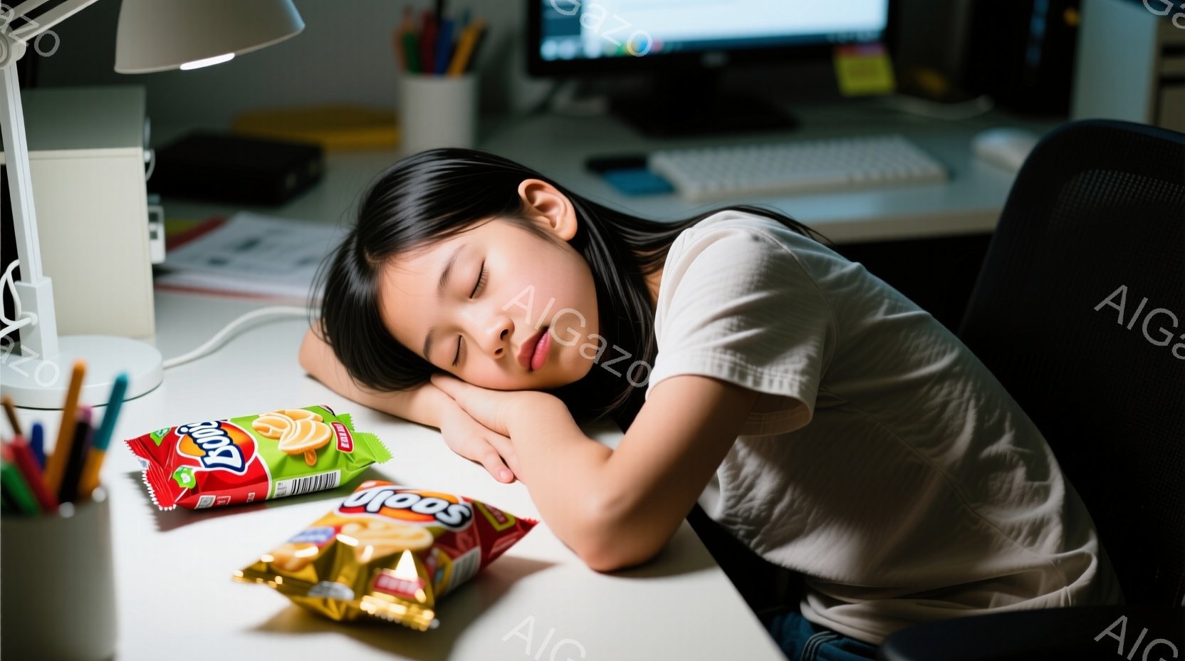 一人の少女が机に突っ伏して眠っています。彼女は薄いピンク色の服を着ており、黒髪を後ろで束ねています。机の上には、空になったスナック菓子の袋と文房具が散らばっており、疲労と安堵が入り混じった雰囲気が漂っています。