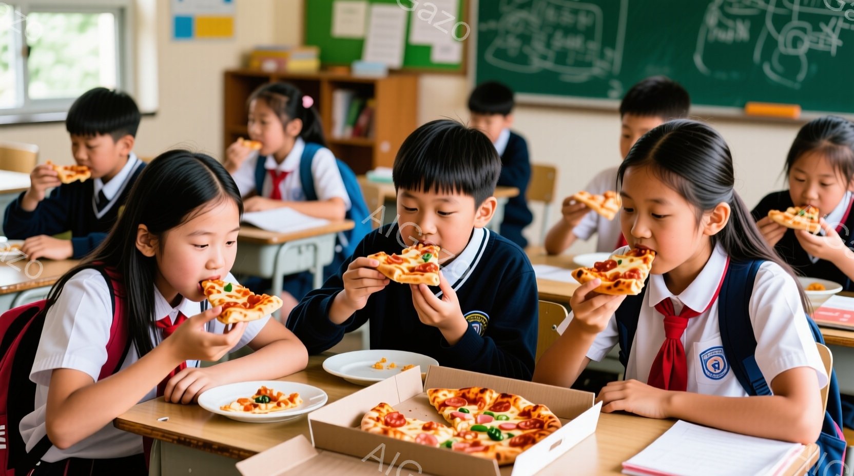 制服を着た小学生たちが教室でピザを食べている様子が写っている。子供たちは皆、青いブレザー、白いシャツ、赤いネクタイを着用し、前髪を整えた髪型をしている。教室には木製の机と椅子があり、背景には黒板が見え - AI生成フリー素材
