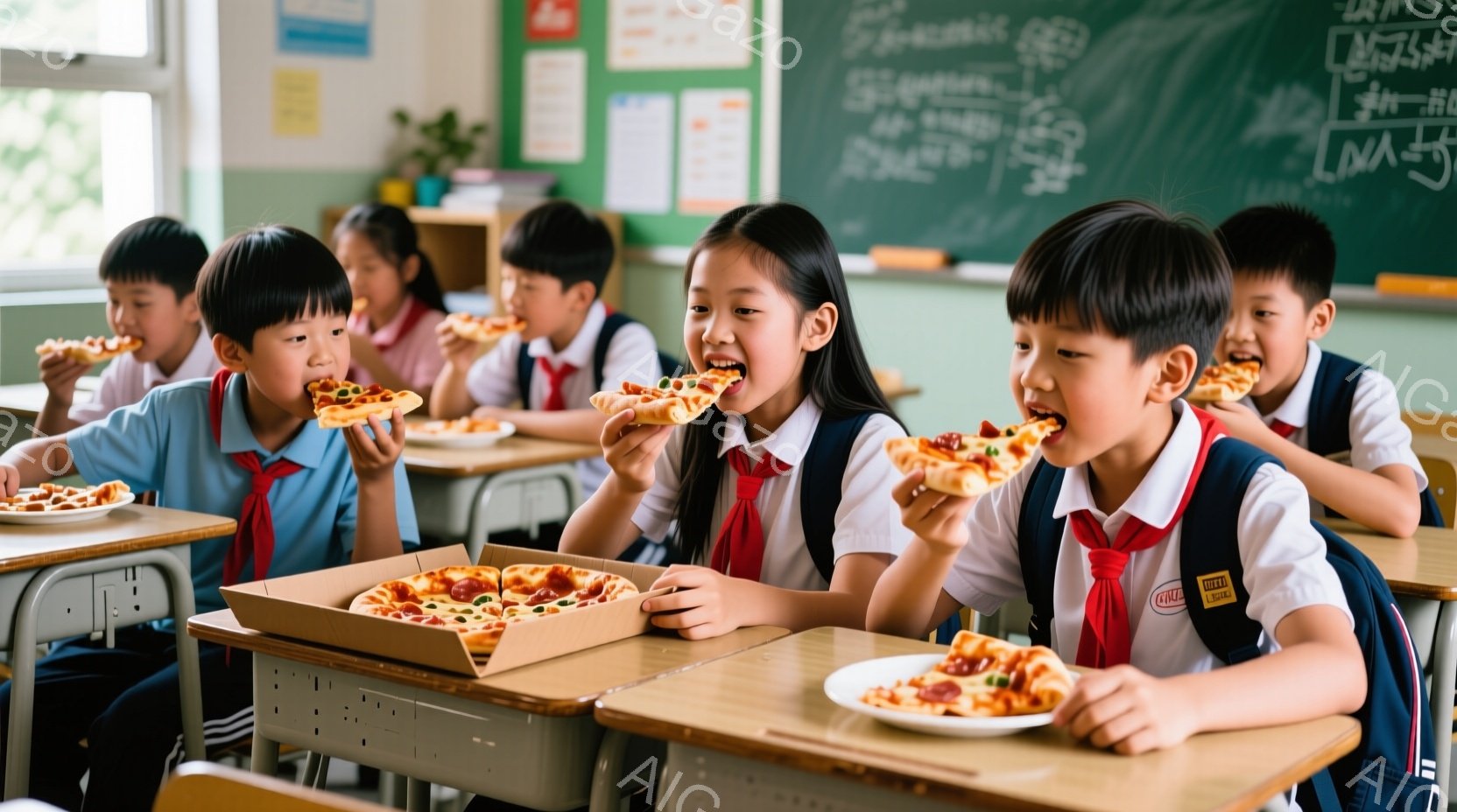 制服を着た小学生たちが教室でピザを食べている様子が写っている。子供たちは皆、笑顔でピザにかぶりつき、楽しんでいる表情をしている。教室には机と椅子が並び、黒板には文字が書かれているが、全体的に明るく、活 - AI生成フリー素材