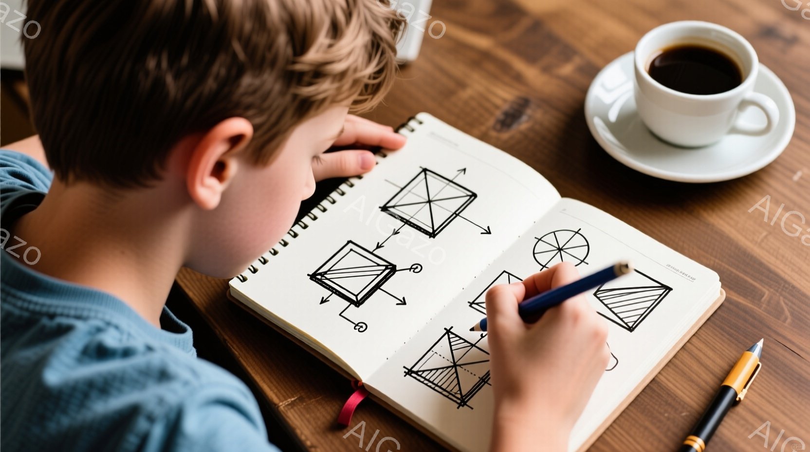 茶色い木製のテーブルの上に、ノートとペン、そしてコーヒーカップが置かれている。ノートを開いた若い男性が、鉛筆で図形を描いている。彼は青いセーターを着ており、髪は短く、集中して作業に取り組んでいる様子が窺える。