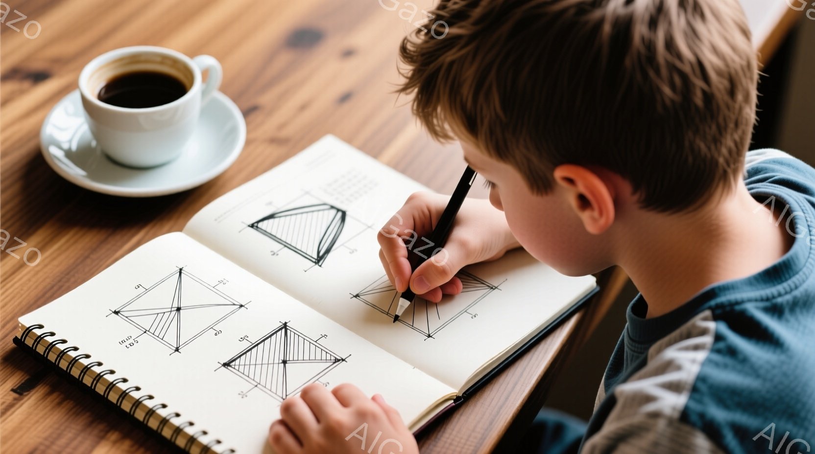 少年が机の上でスケッチブックに向かっています。彼は青いシャツを着ており、髪は短く整えられています。机の上には、コーヒーが入ったカップと、幾何学的な図形が描かれたスケッチブックがあり、集中して図形に線を引いています。